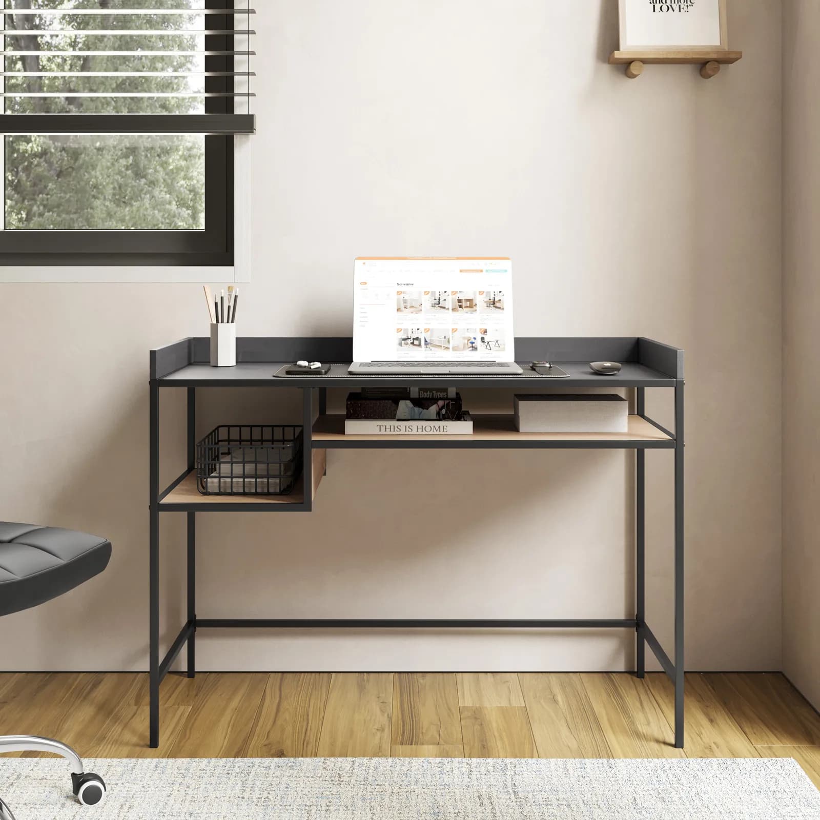 Scrivania 110x51 cm effetto rovere grano e metallo nero con ripiani - Puton