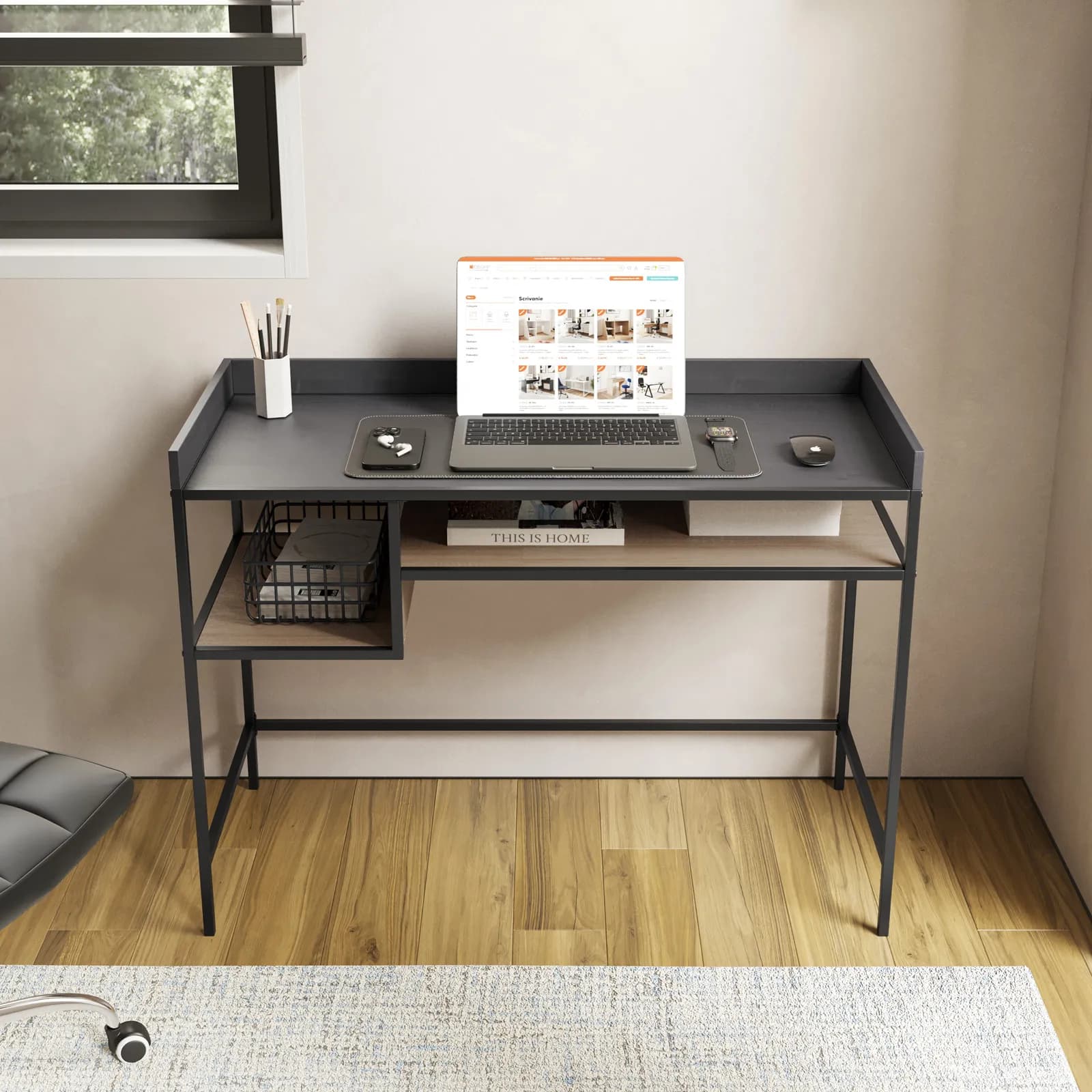 Scrivania 110x51 cm effetto rovere grano e metallo nero con ripiani - Puton