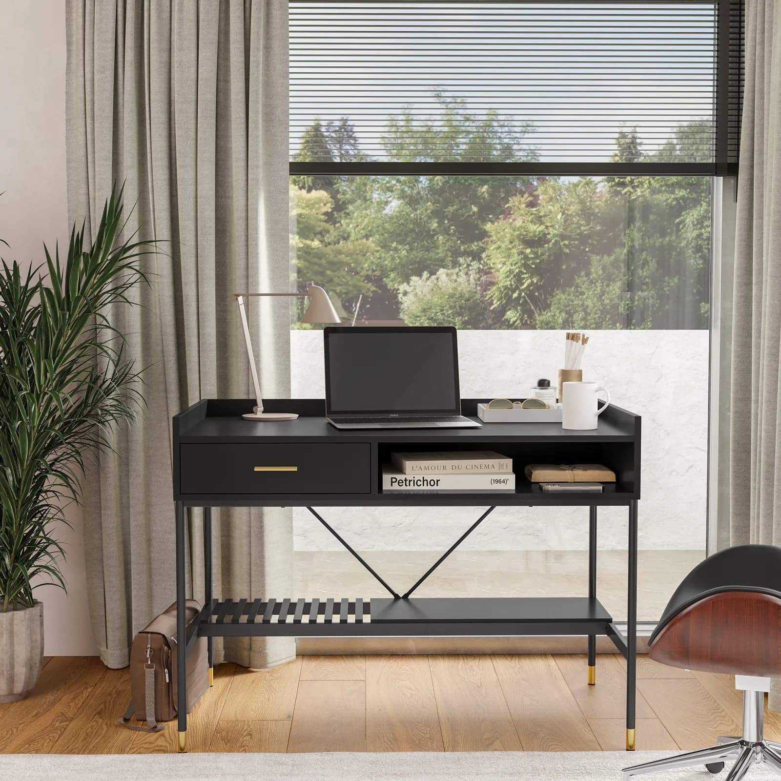Scrivania 110x60 cm nero cassetto e ripiano portaoggetti con struttura in acciaio e finiture oro - Zamia