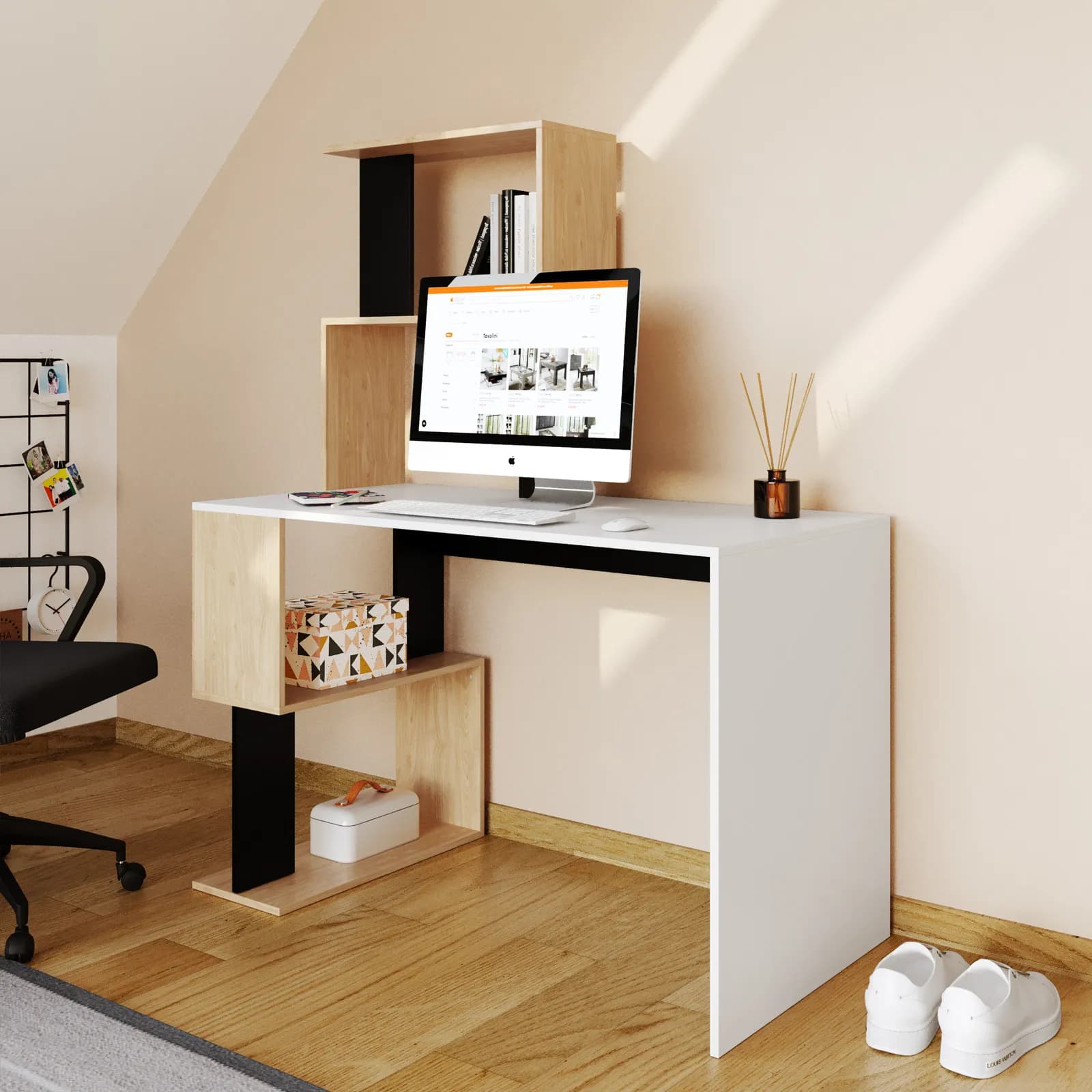 Scrivania 120x60 con top in legno bianco e libreria in legno rovere chiaro e nero h150 cm - Tekken