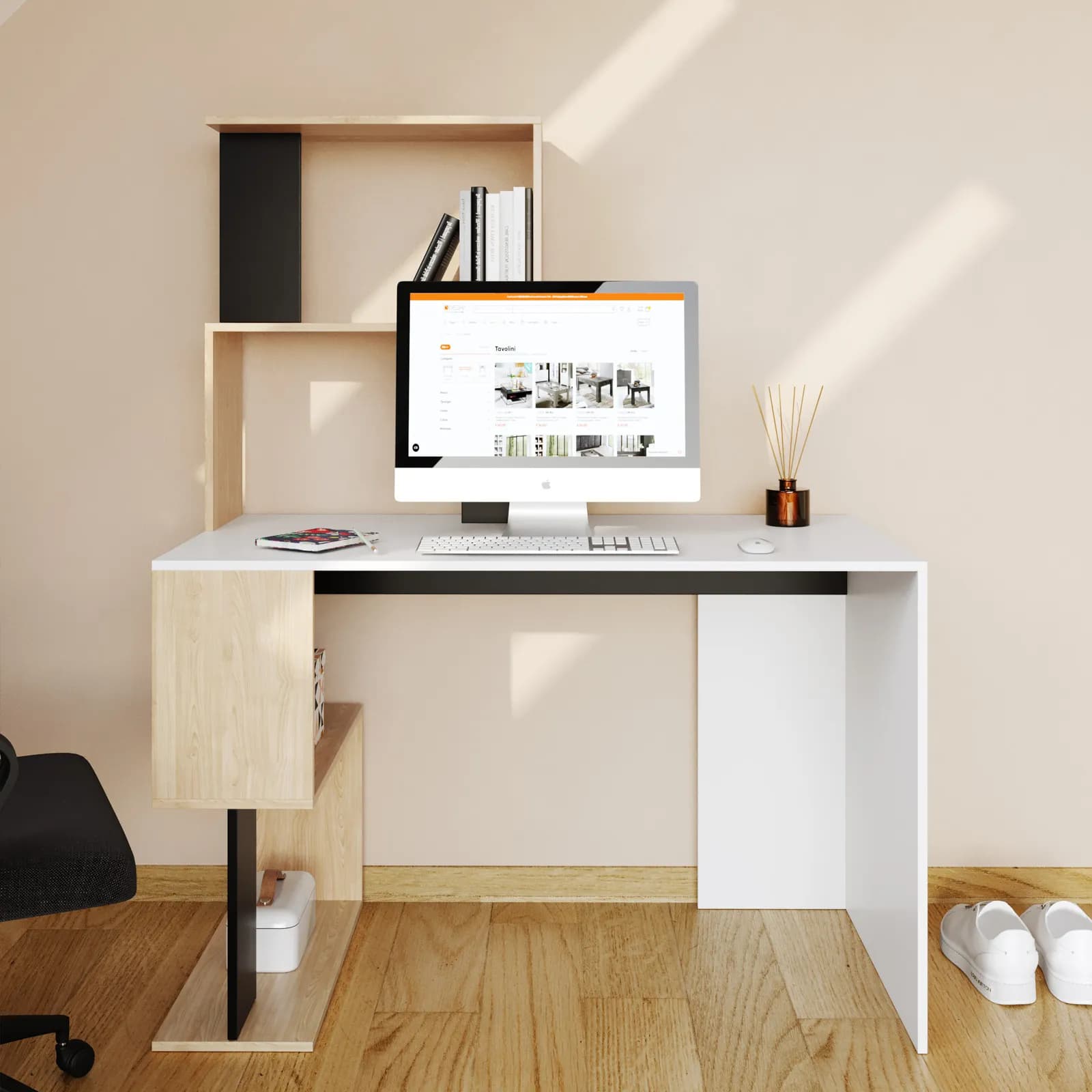 Scrivania 120x60 con top in legno bianco e libreria in legno rovere chiaro e nero h150 cm - Tekken