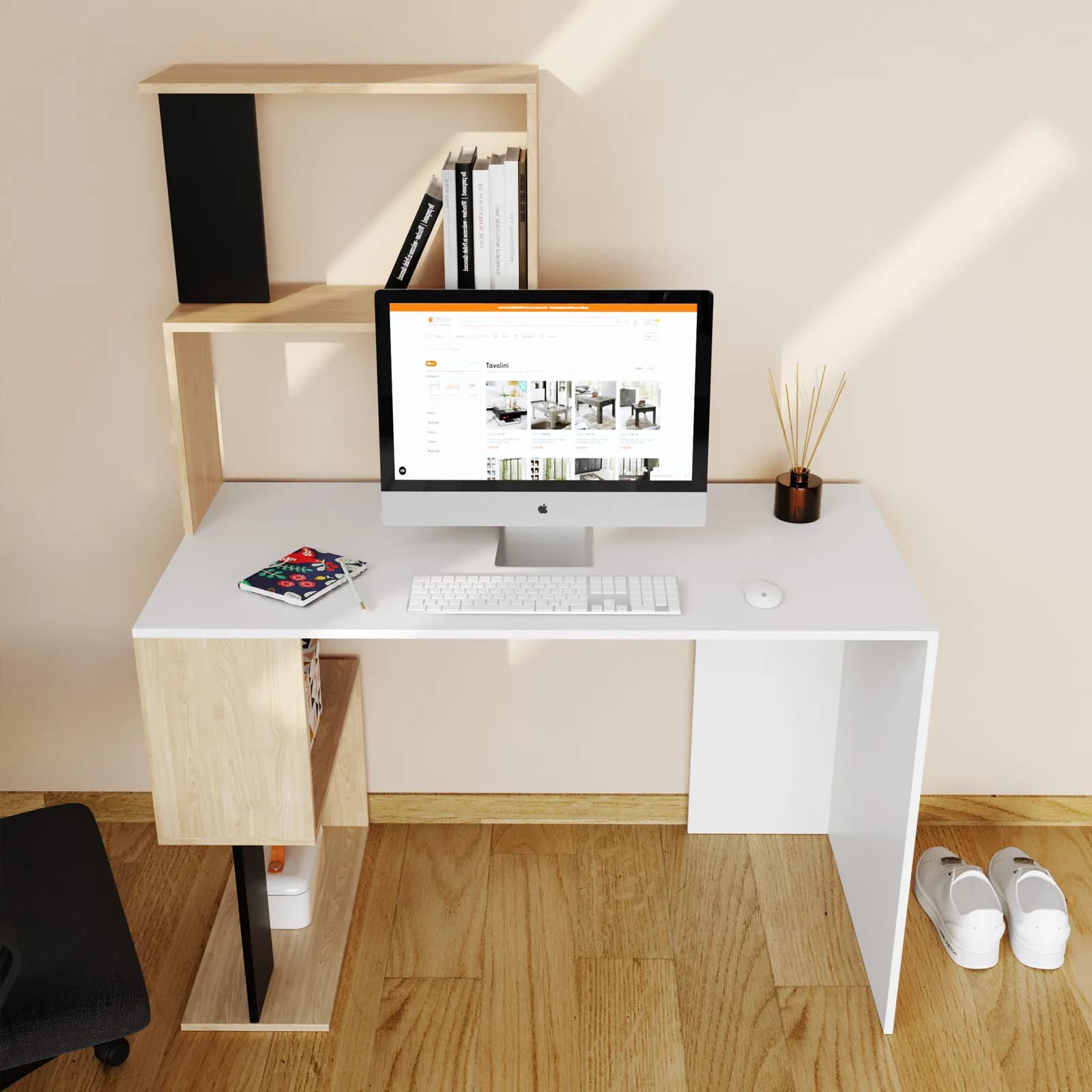 Scrivania 120x60 con top in legno bianco e libreria in legno rovere chiaro e nero h150 cm - Tekken