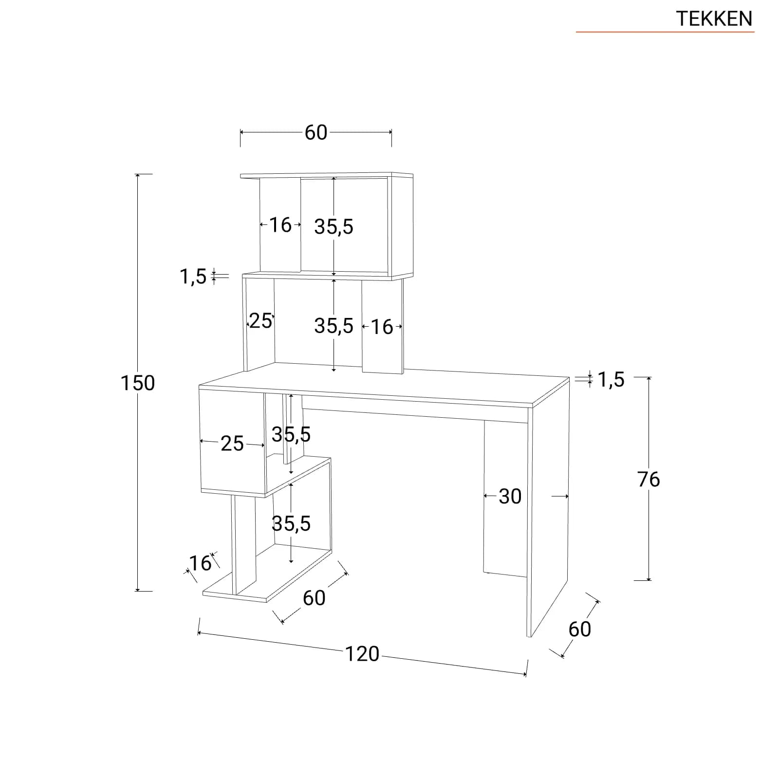 Scrivania 120x60 con top in legno bianco e libreria in legno rovere chiaro e nero h150 cm - Tekken