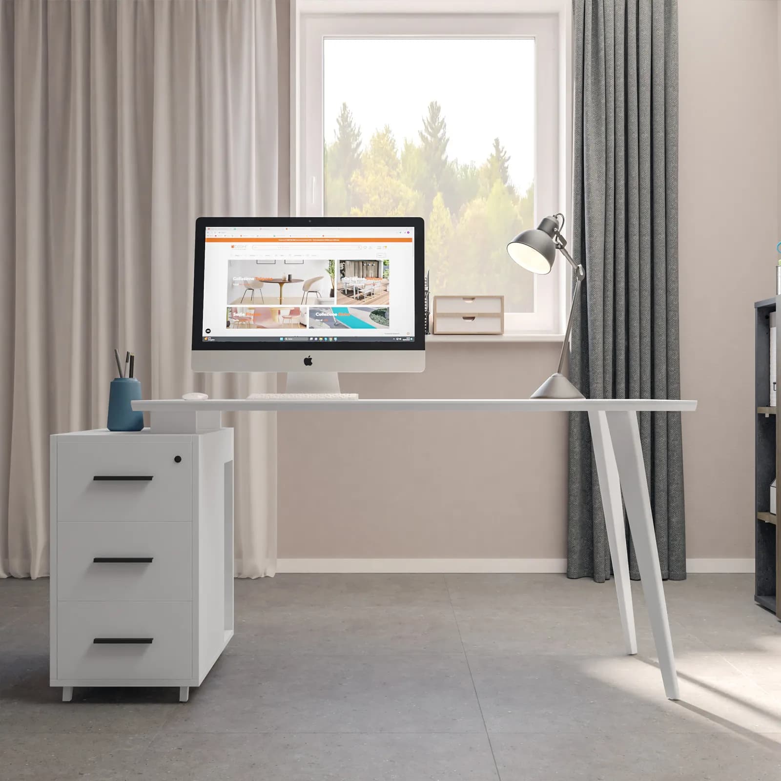 Scrivania 120-140x60 cm con top in legno e struttura in metallo bianco con cassettiera reversibile - After