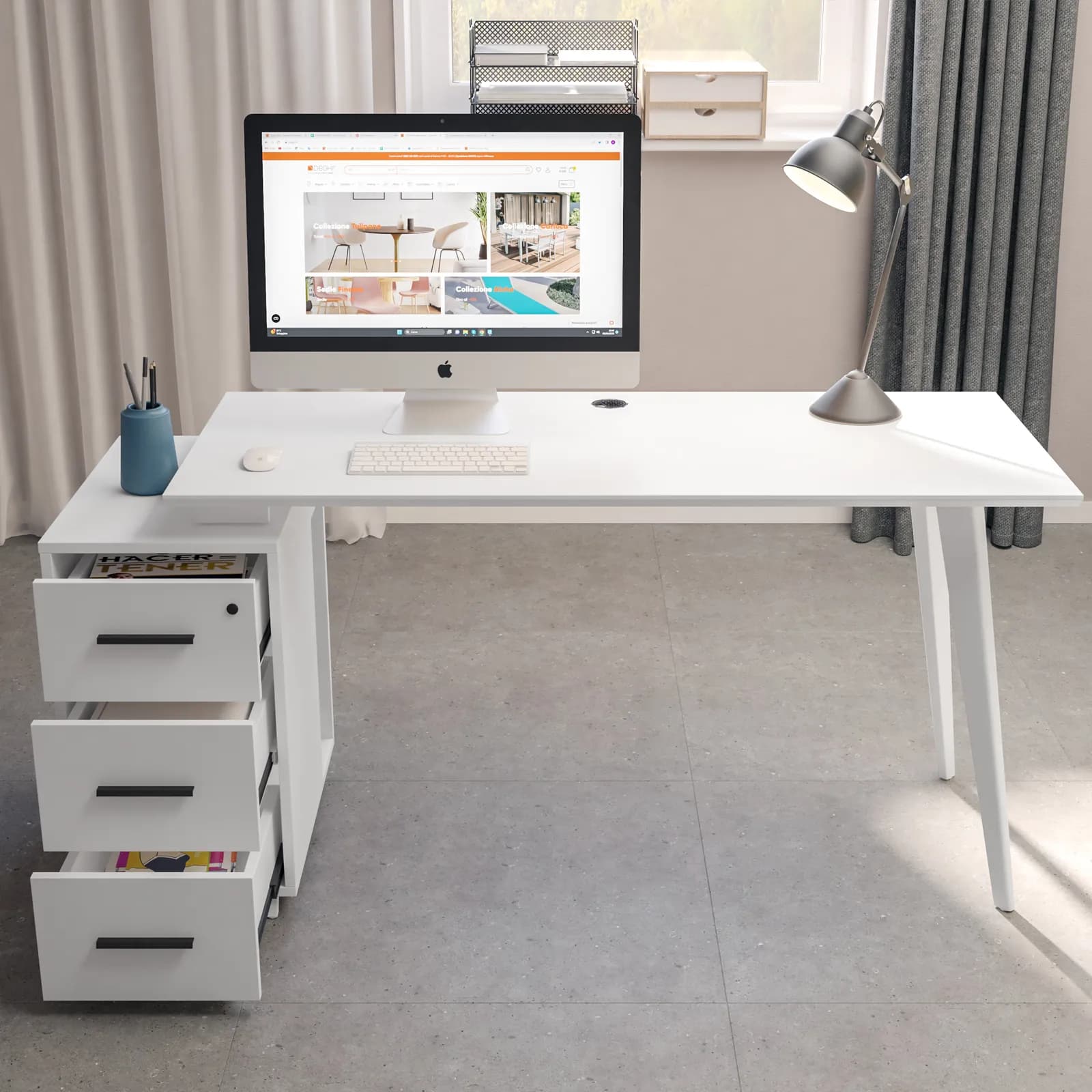 Scrivania 120-140x60 cm con top in legno e struttura in metallo bianco con cassettiera reversibile - After