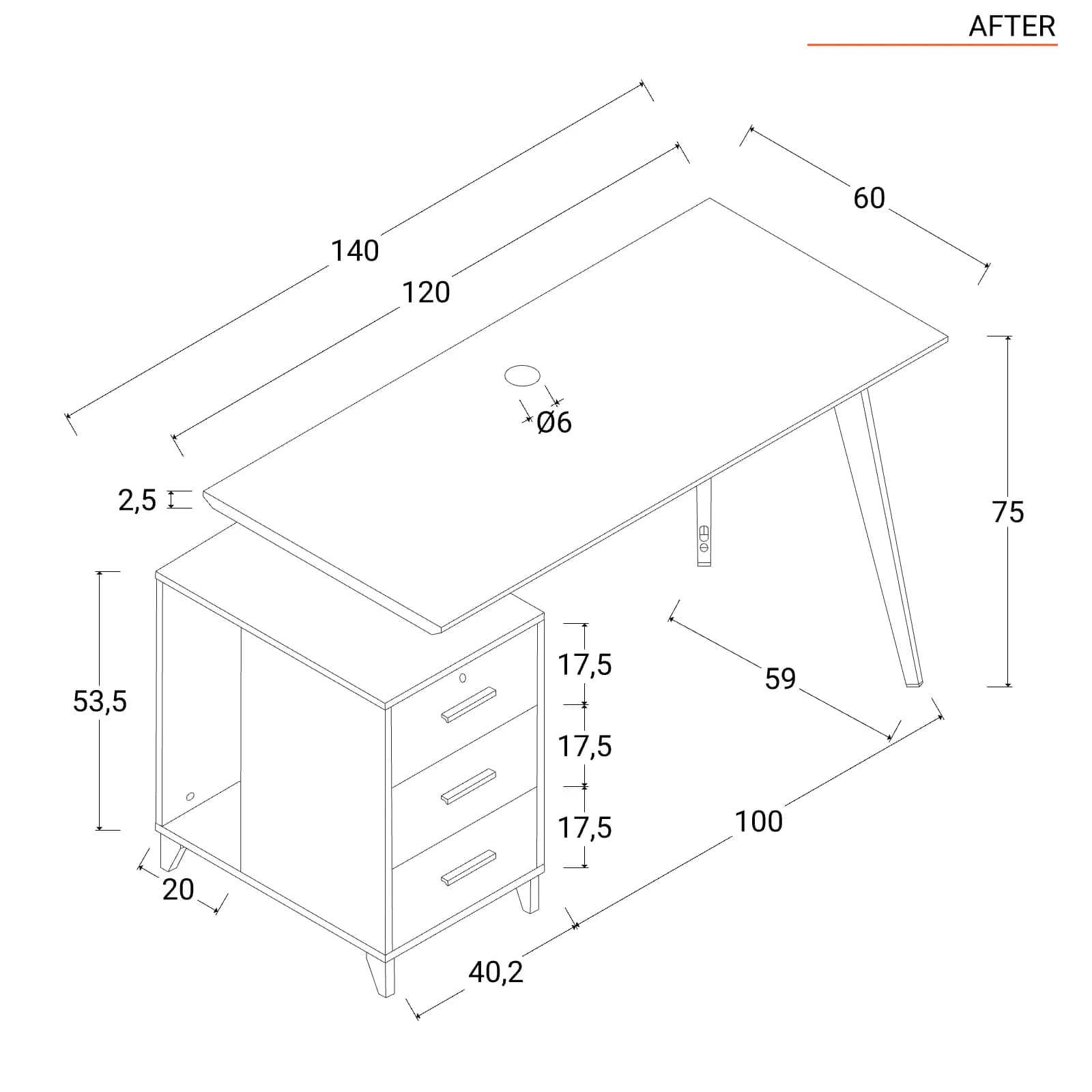 Scrivania 120-140x60 cm con top in legno e struttura in metallo bianco con cassettiera reversibile - After