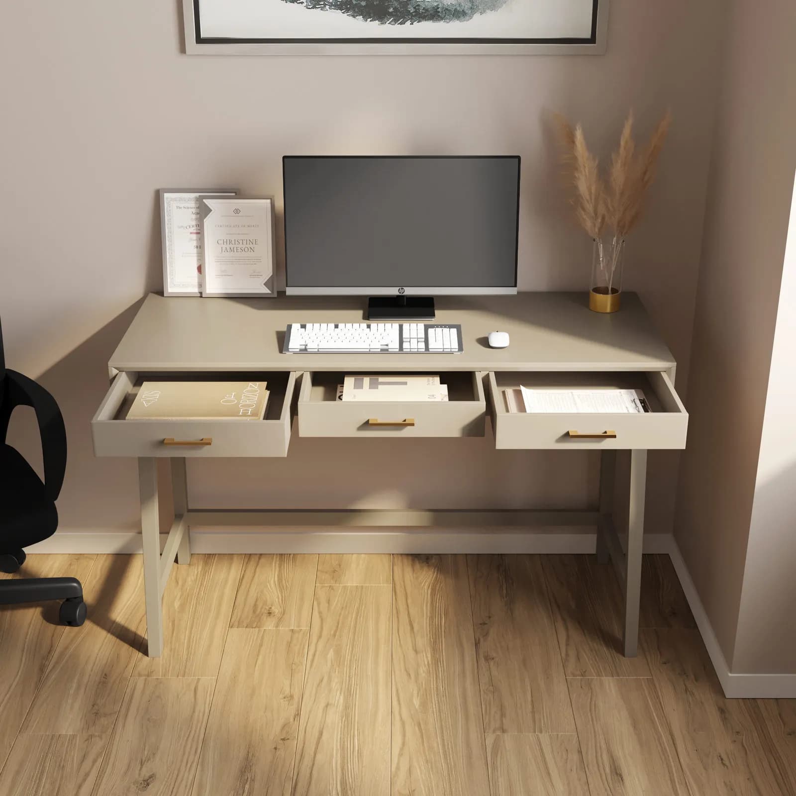Scrivania 120x48 cm in legno tortora con 3 cassetti e maniglia dorata - Lilim
