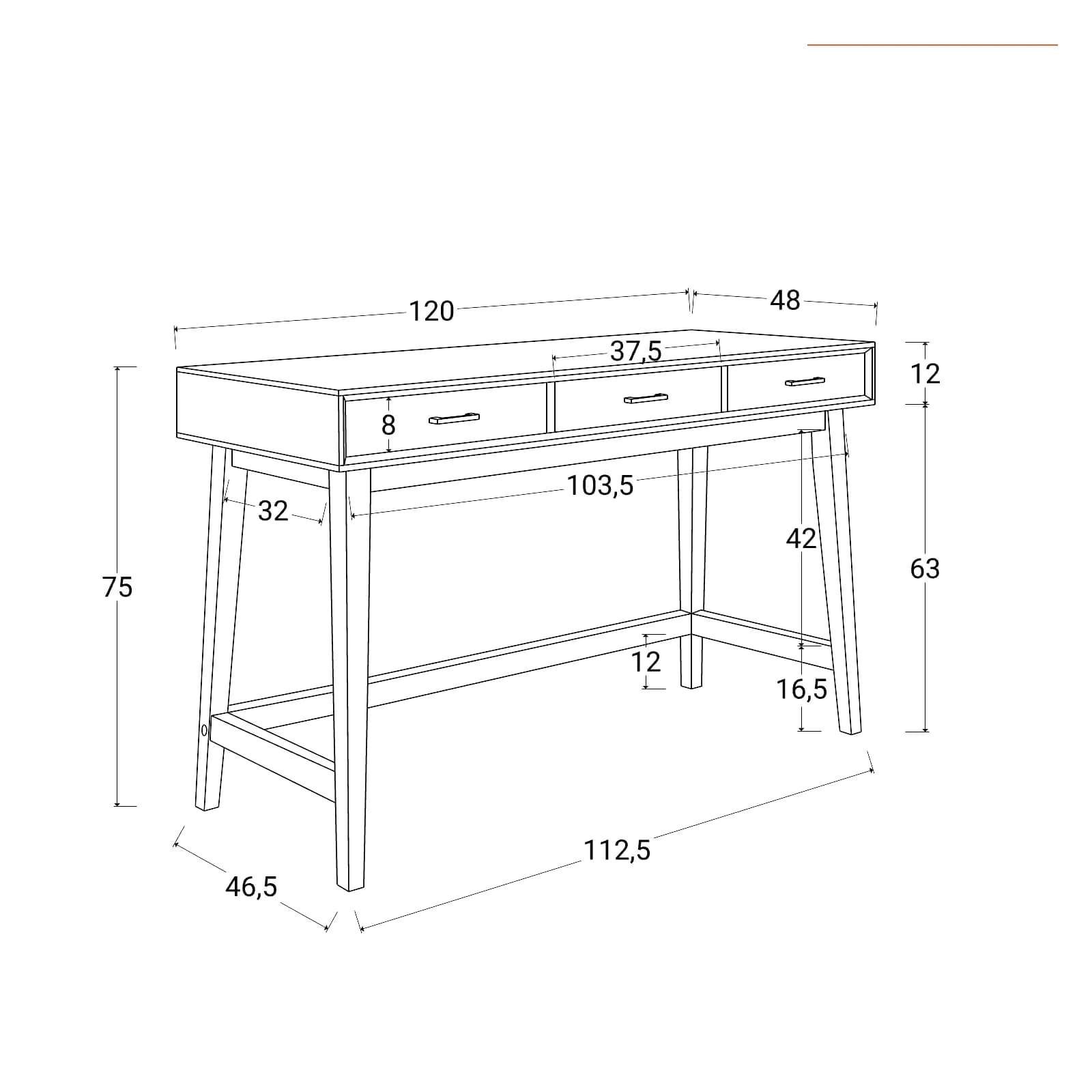 Scrivania 120x48 cm in legno tortora con 3 cassetti e maniglia dorata - Lilim