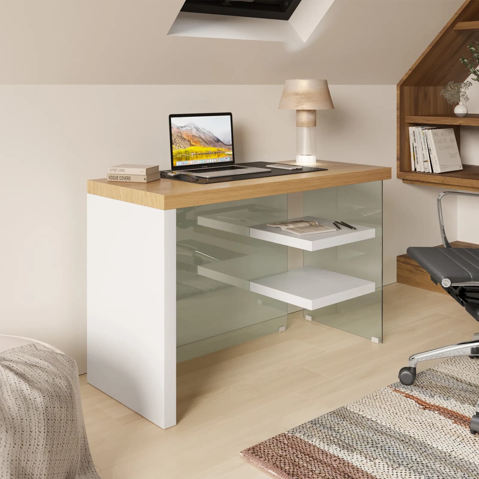 Scrivania 120x50 cm in legno bianco e rovere con ripiani e struttura in vetro temperato - City
