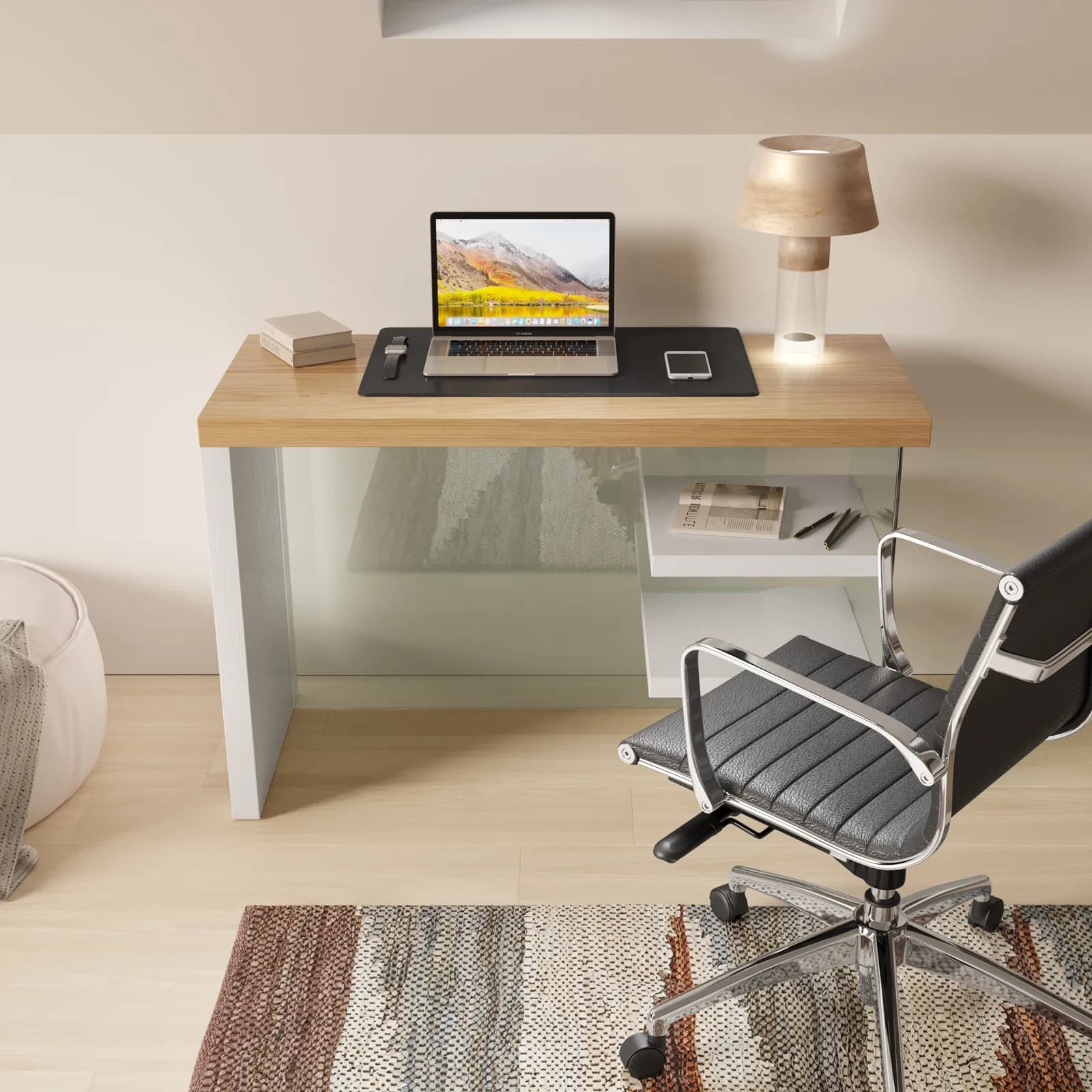 Scrivania 120x50 cm in legno bianco e rovere con ripiani e struttura in vetro temperato - City