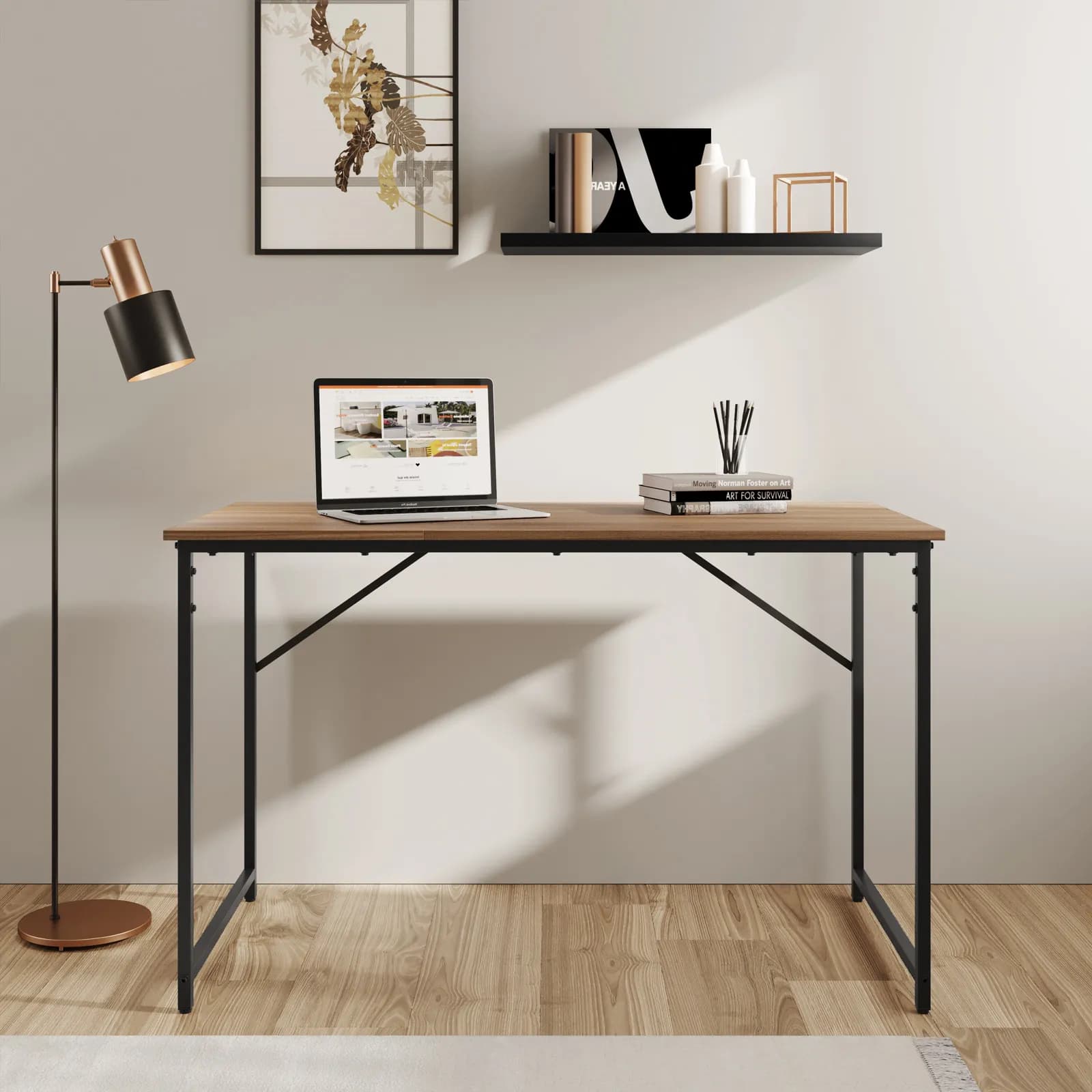 Scrivania 120x60 cm con top in legno noce e struttura in metallo nero - Bent