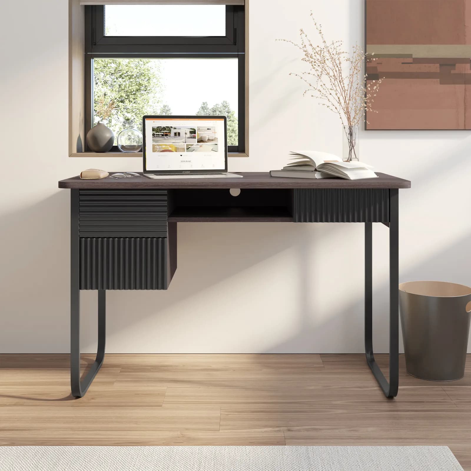 Scrivania 120x60 cm in legno noce e struttura in acciaio con anta e cassetto cannettato nero- Sven