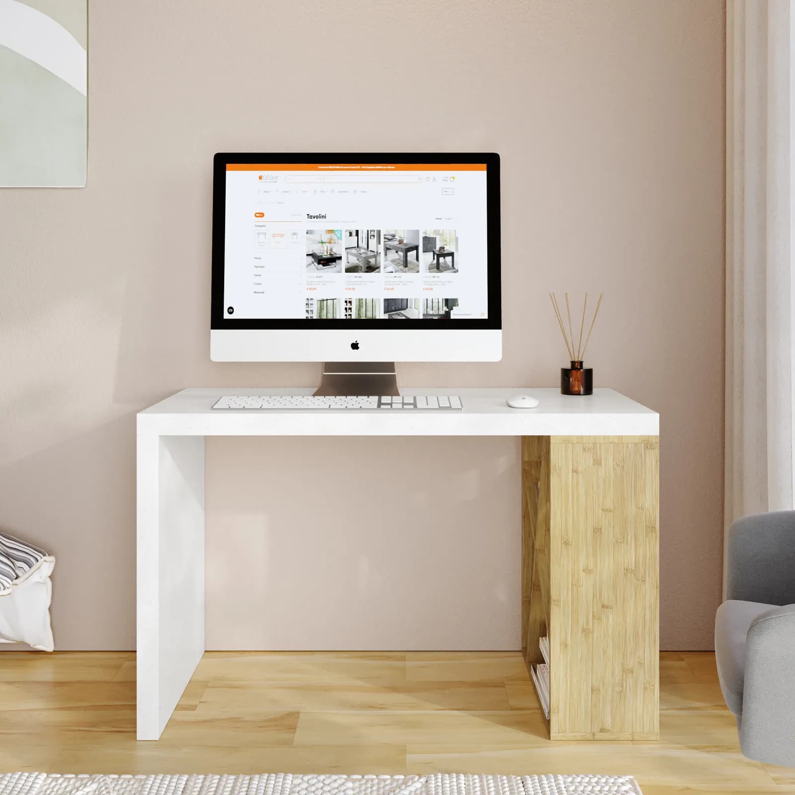 Scrivania 120x60 cm con top in legno bianco con striature oro e libreria in legno di bambù - Spinner