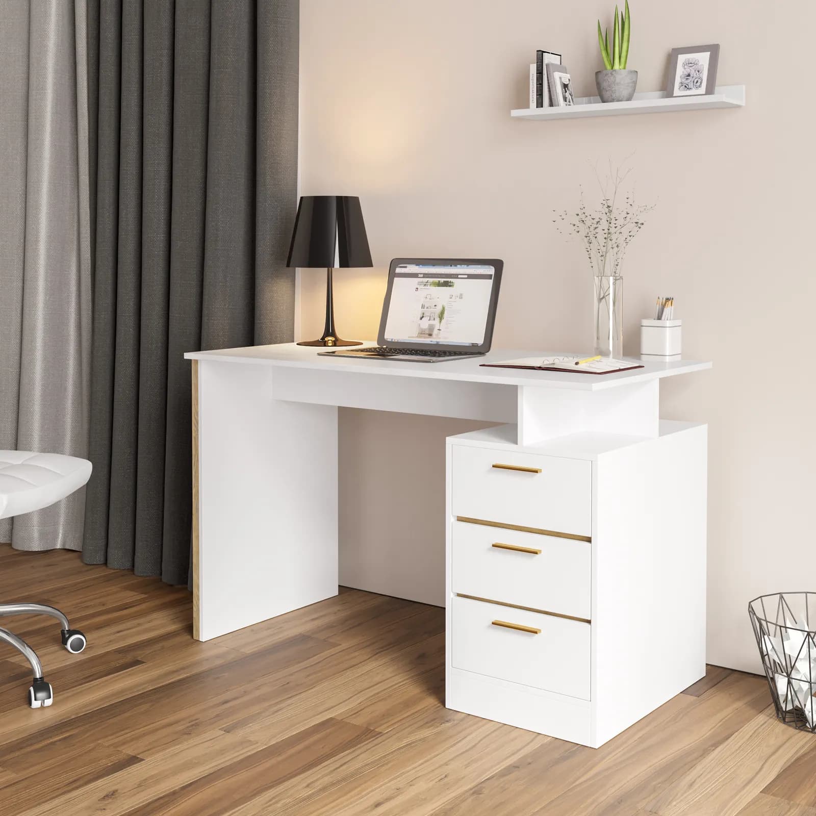 Scrivania 120x76h bianco e profili effetto legno con cassettiera e maniglie oro - Lanos