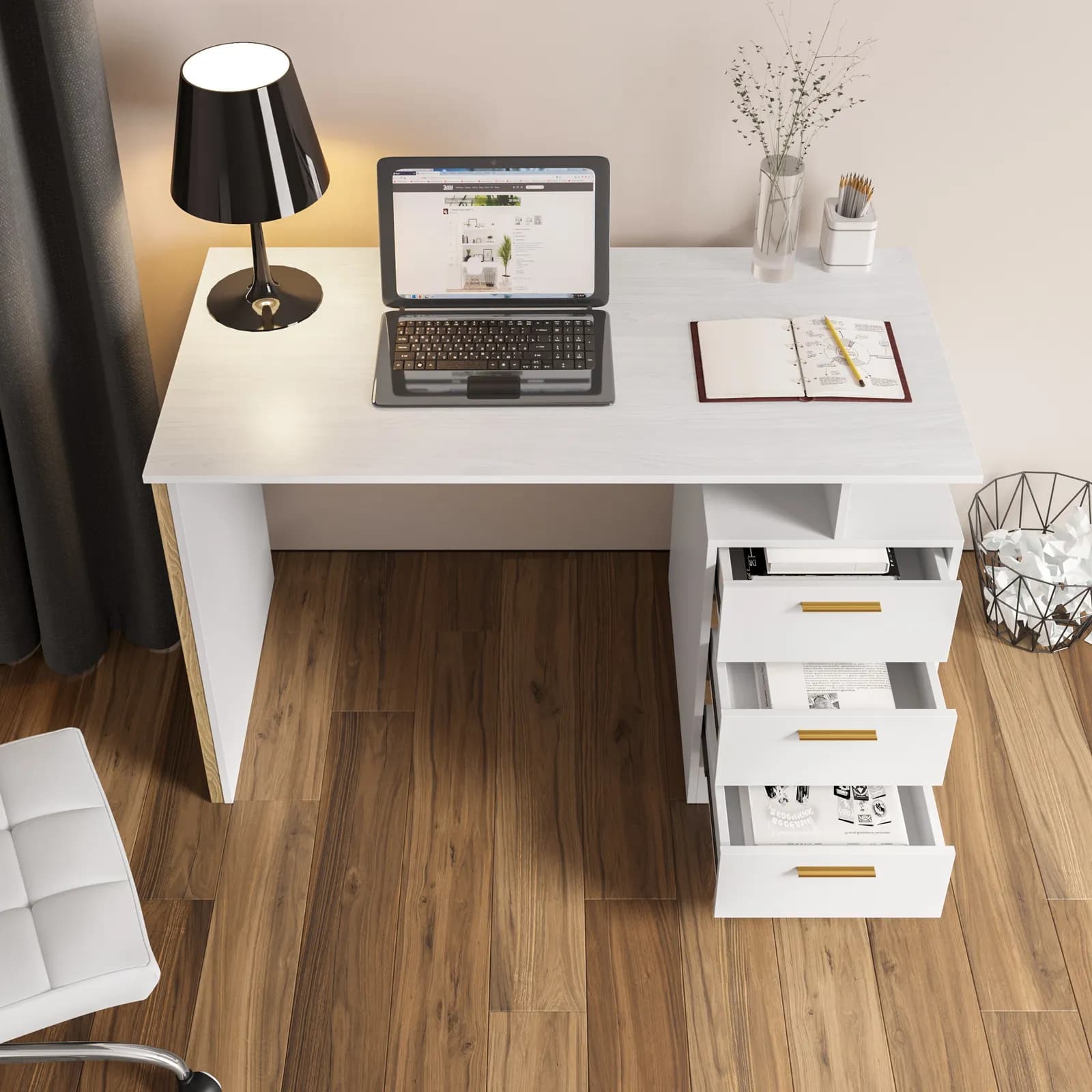Scrivania 120x76h bianco e profili effetto legno con cassettiera e maniglie oro - Lanos
