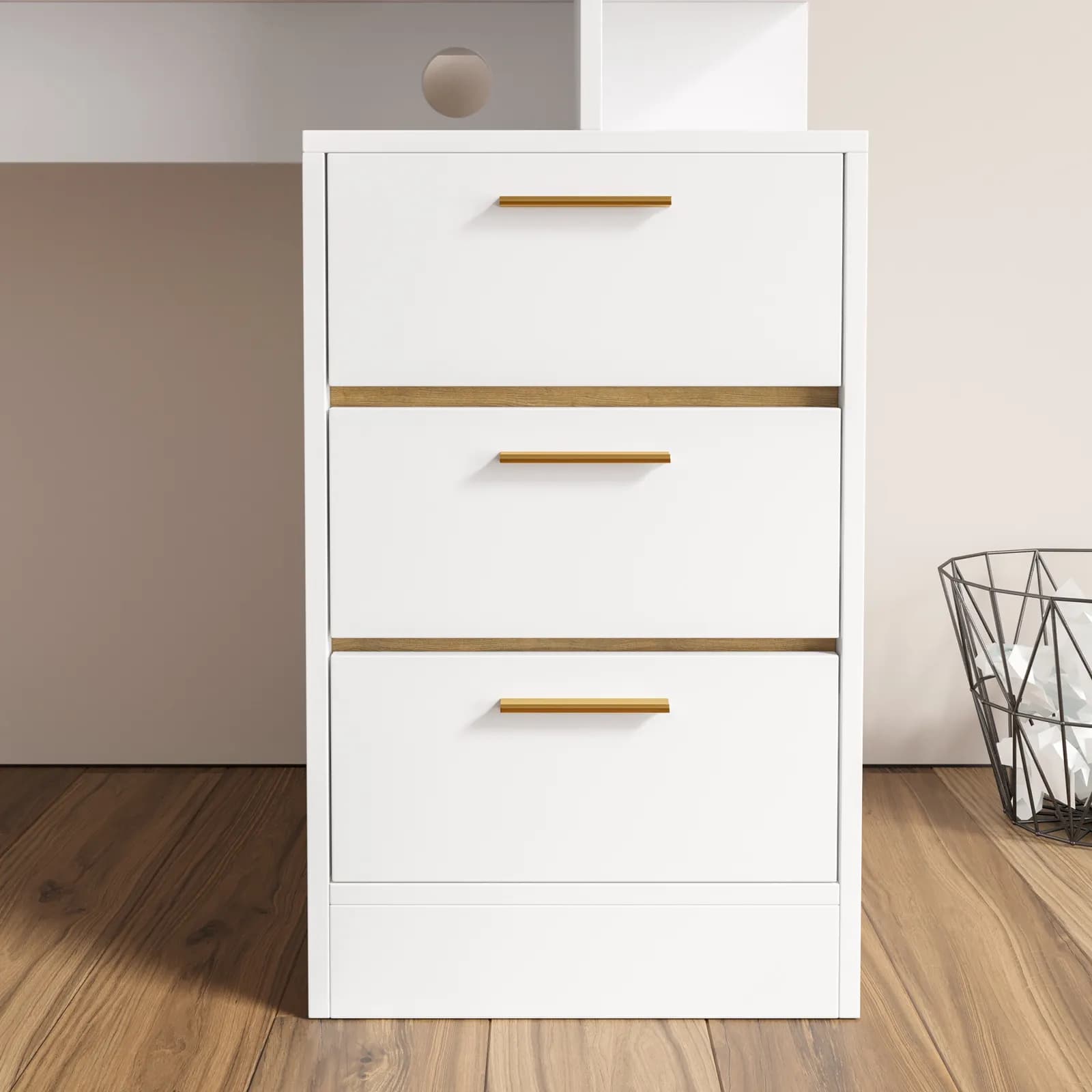 Scrivania 120x76h bianco e profili effetto legno con cassettiera e maniglie oro - Lanos