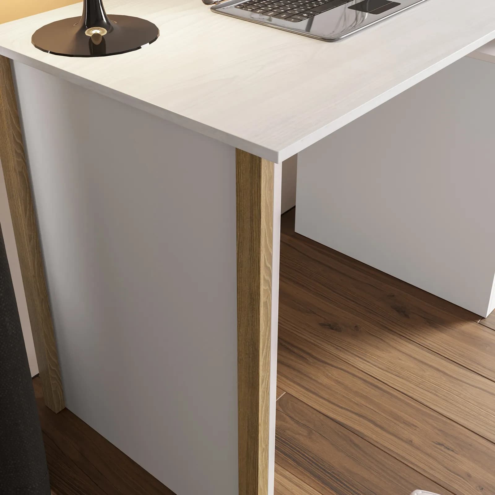Scrivania 120x76h bianco e profili effetto legno con cassettiera e maniglie oro - Lanos