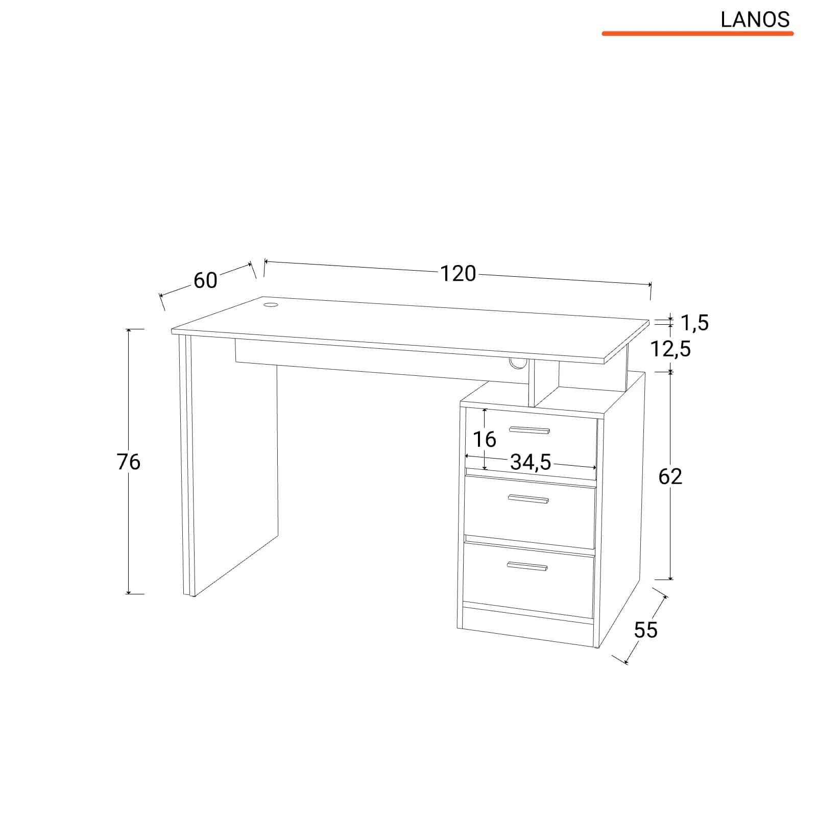 Scrivania 120x76h bianco e profili effetto legno con cassettiera e maniglie oro - Lanos