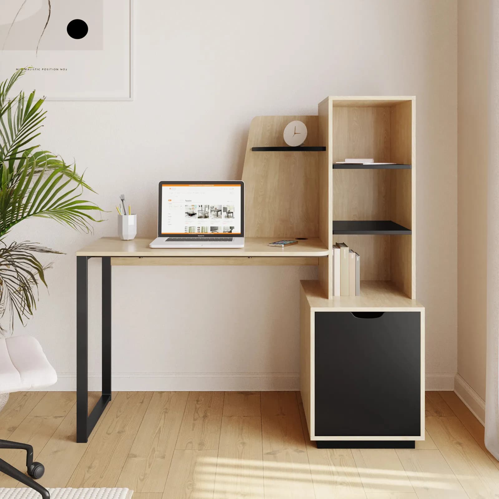 Scrivania 50x137 h cm effetto rovere chiaro e nero con libreria - Electa