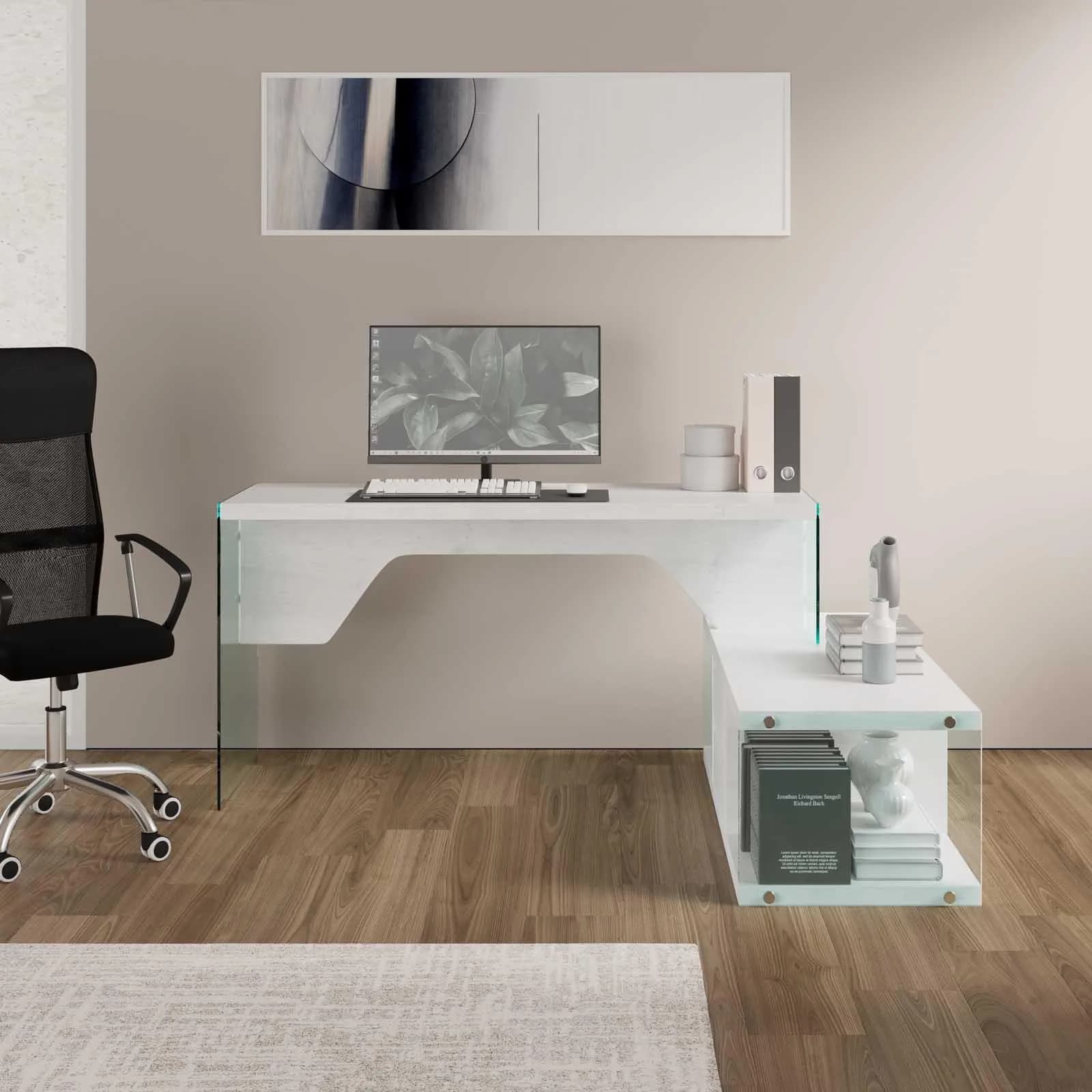 Scrivania 147x120 cm in legno bianco e vetro temperato con mobile contenitore integrato - Sidecar