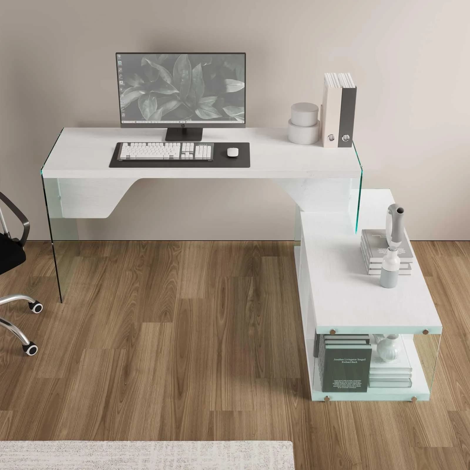 Scrivania 147x120 cm in legno bianco e vetro temperato con mobile contenitore integrato - Sidecar