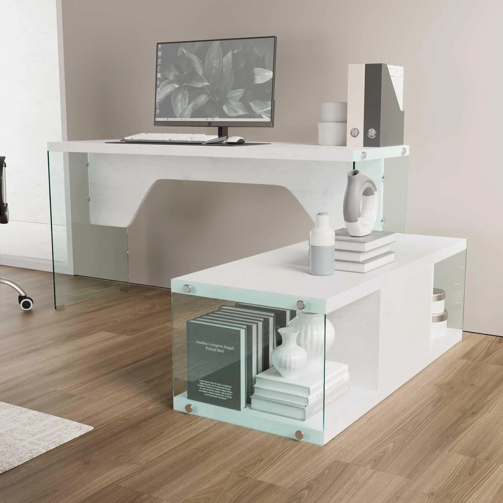 Scrivania 147x120 cm in legno bianco e vetro temperato con mobile contenitore integrato - Sidecar