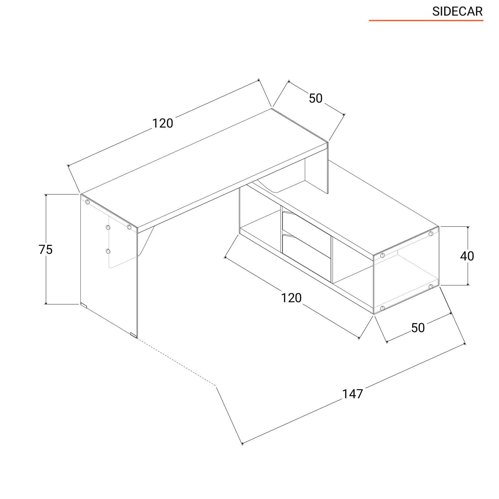 Scrivania 147x120 cm in legno bianco e vetro temperato con mobile contenitore integrato - Sidecar