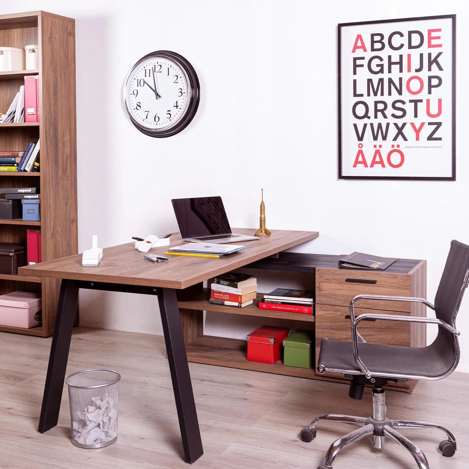 Scrivania angolare 172x144 cm top noce brera da 30 mm con cassettiera - Historic brown