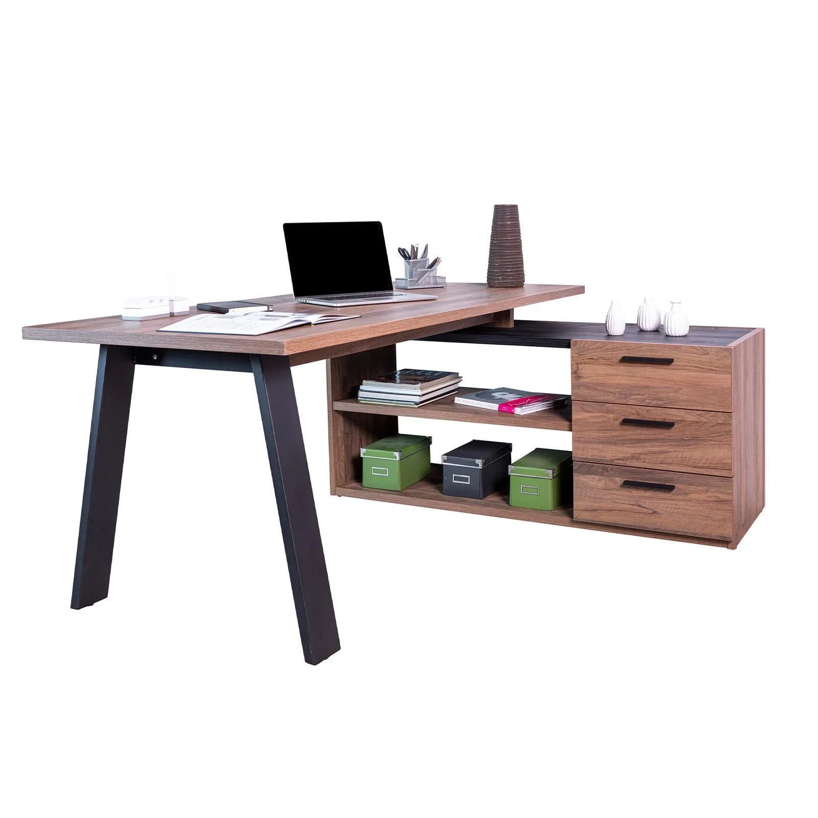 Scrivania angolare 172x144 cm top noce brera da 30 mm con cassettiera - Historic brown