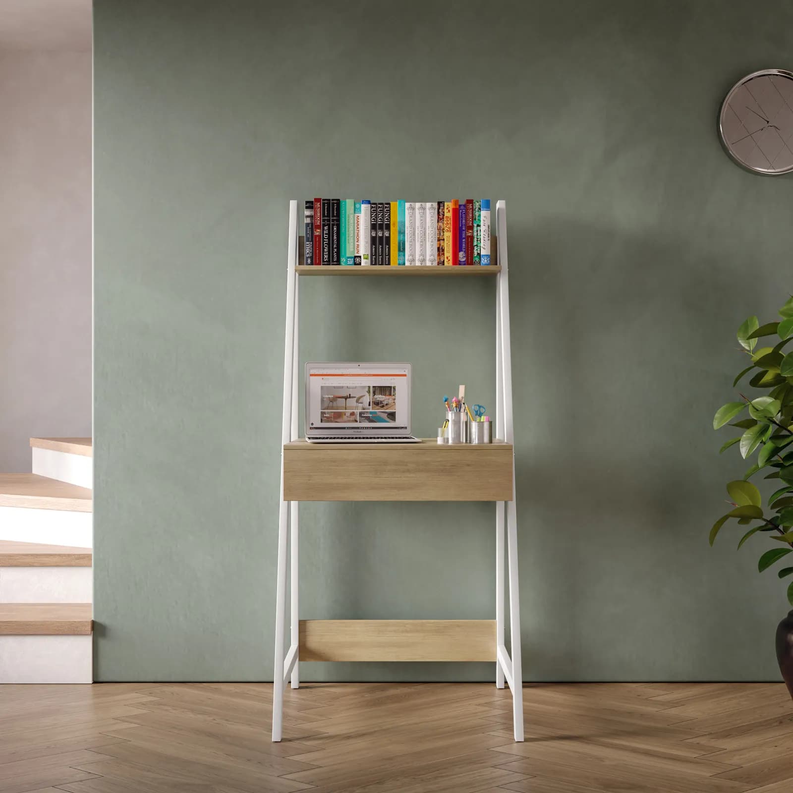 Scrivania 64x55 cm effetto rovere wiener e metallo bianco con cassetto e mensola h146 cm - Apta