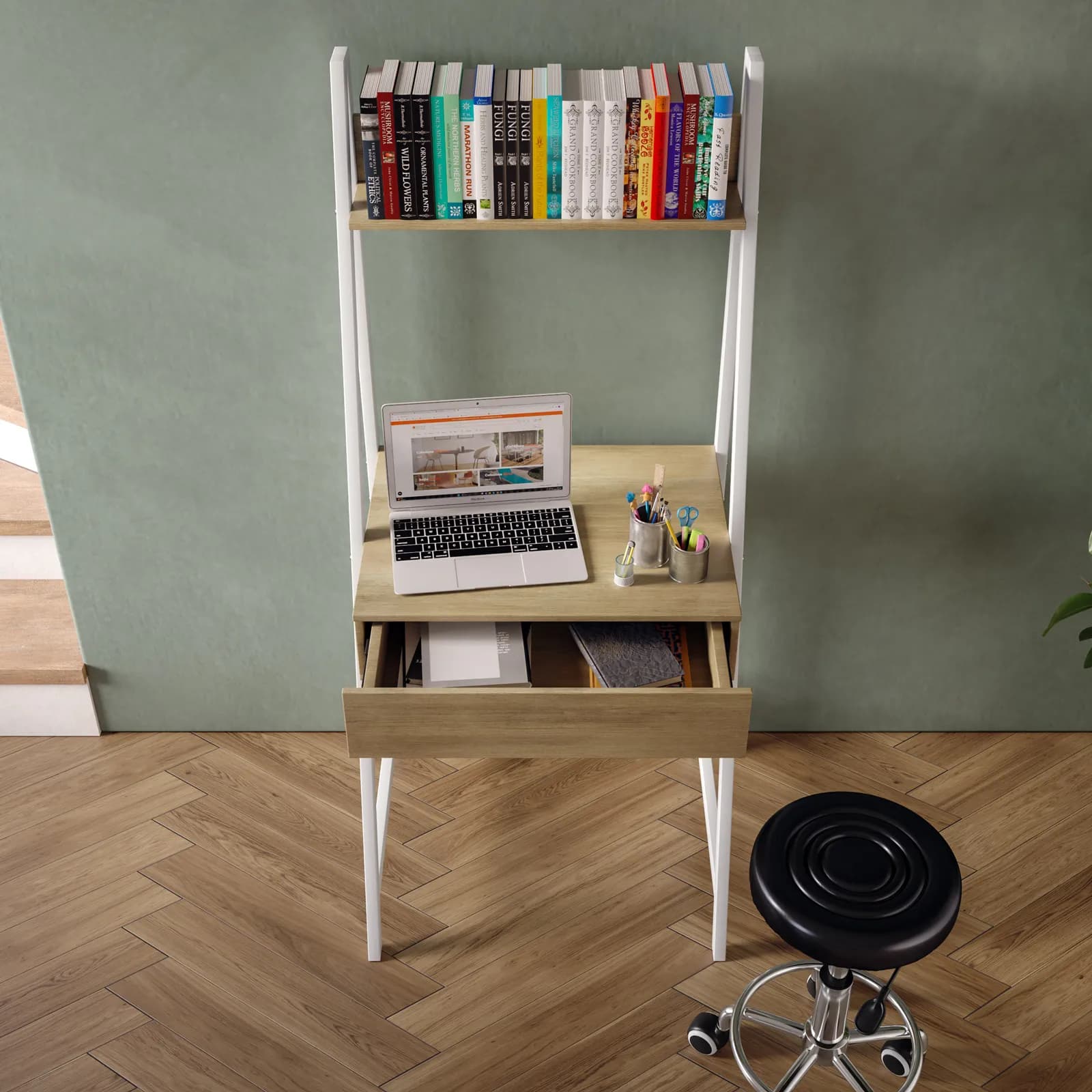 Scrivania 64x55 cm effetto rovere wiener e metallo bianco con cassetto e mensola h146 cm - Apta