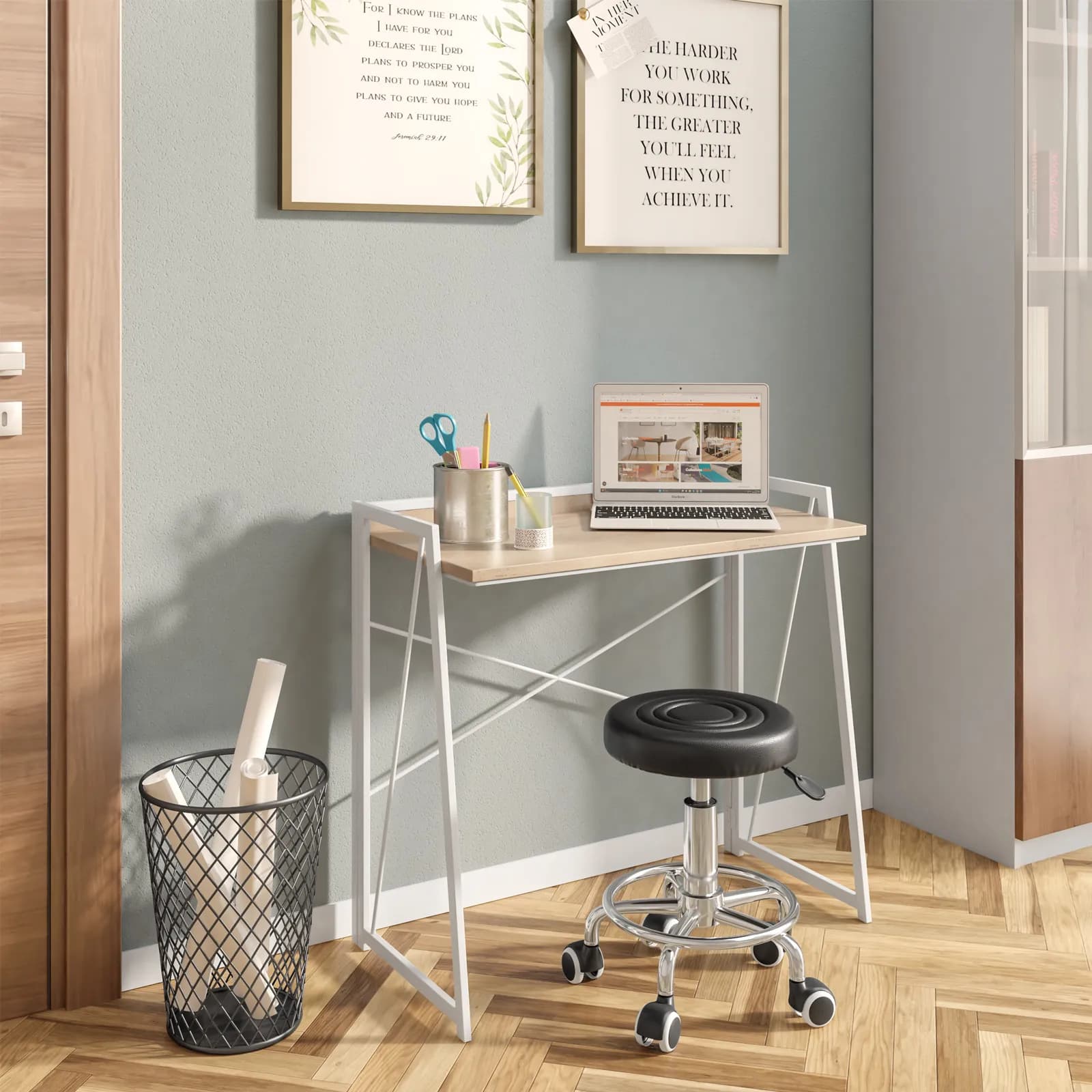 Scrivania 80x40 cm con top in legno rovere e struttura in acciaio bianco - Eleva