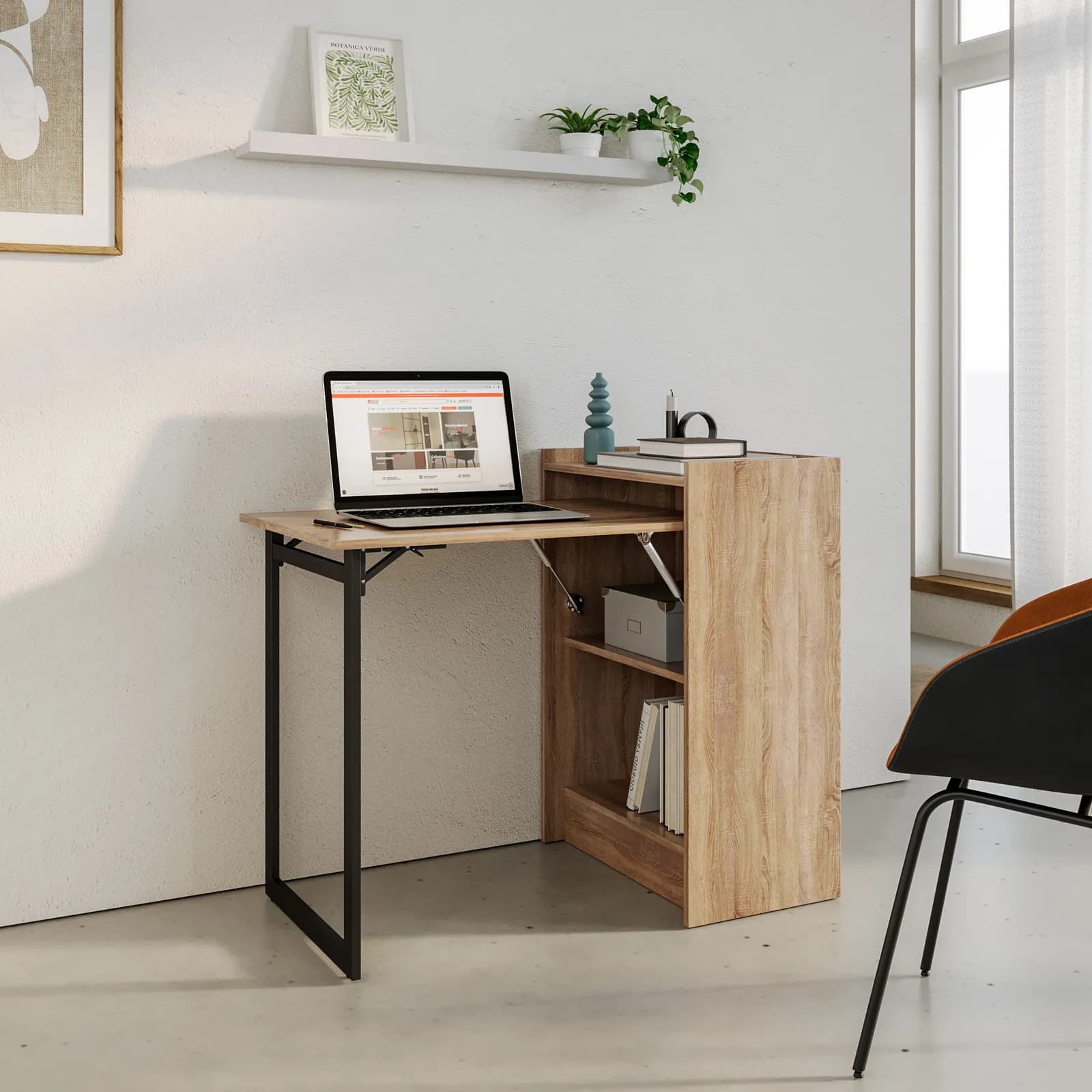 Scrivania a scomparsa 102x58 cm effetto rovere selvatico e acciaio nero - Telpan
