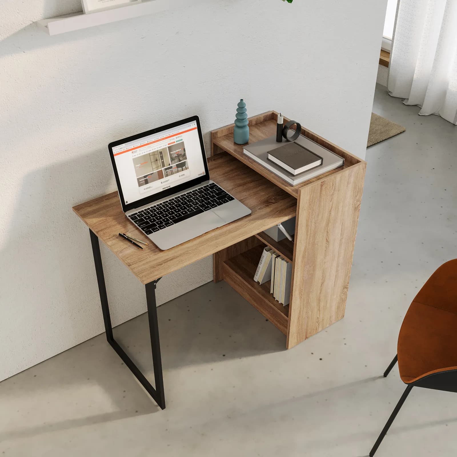 Scrivania a scomparsa 102x58 cm effetto rovere selvatico e acciaio nero - Telpan