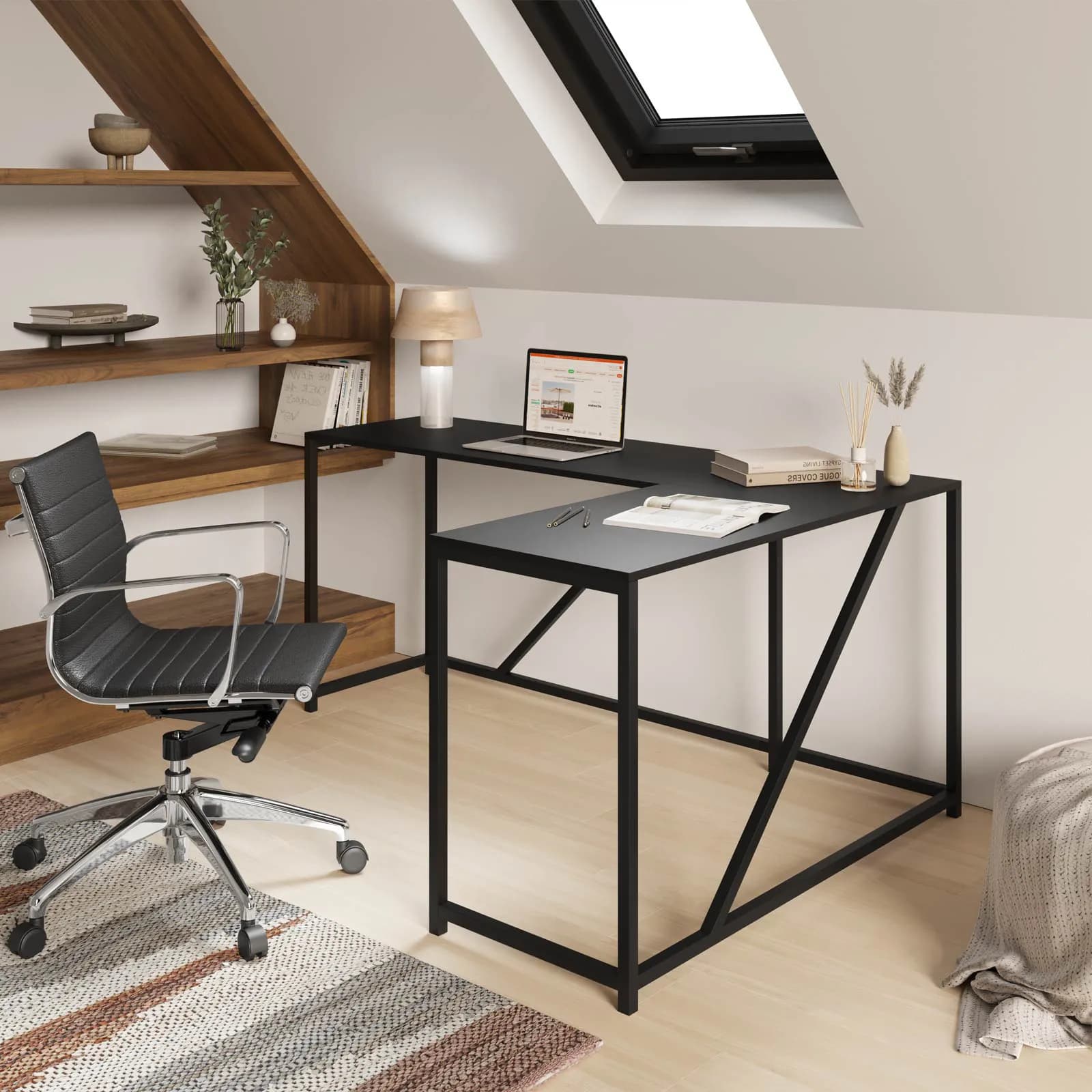 Scrivania angolare 168x120 cm in legno e metallo nero con supporto computer - Eclix