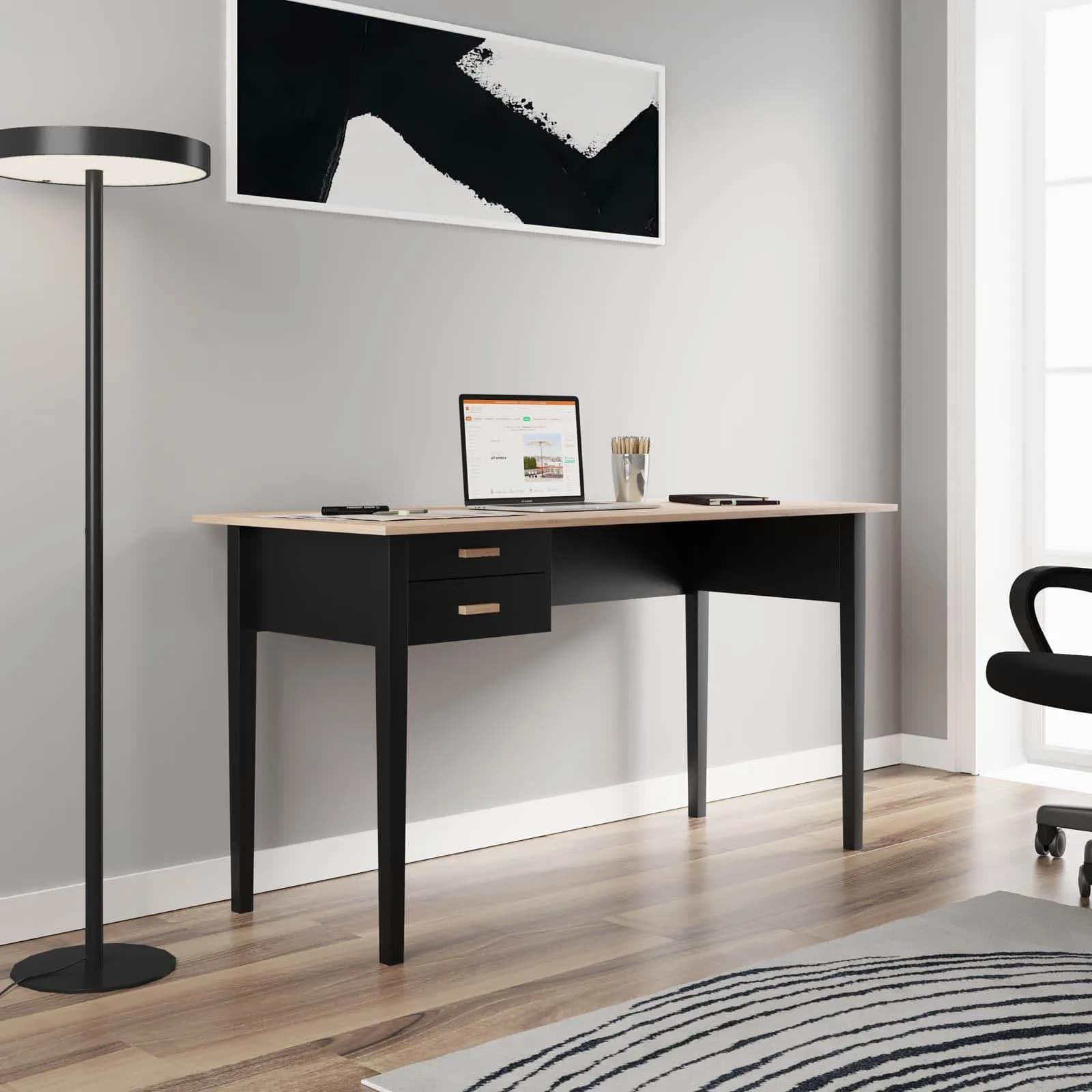 Scrivania 140x60 cm con top in rovere chiaro e gambe in legno nere con cassetti - Rusty