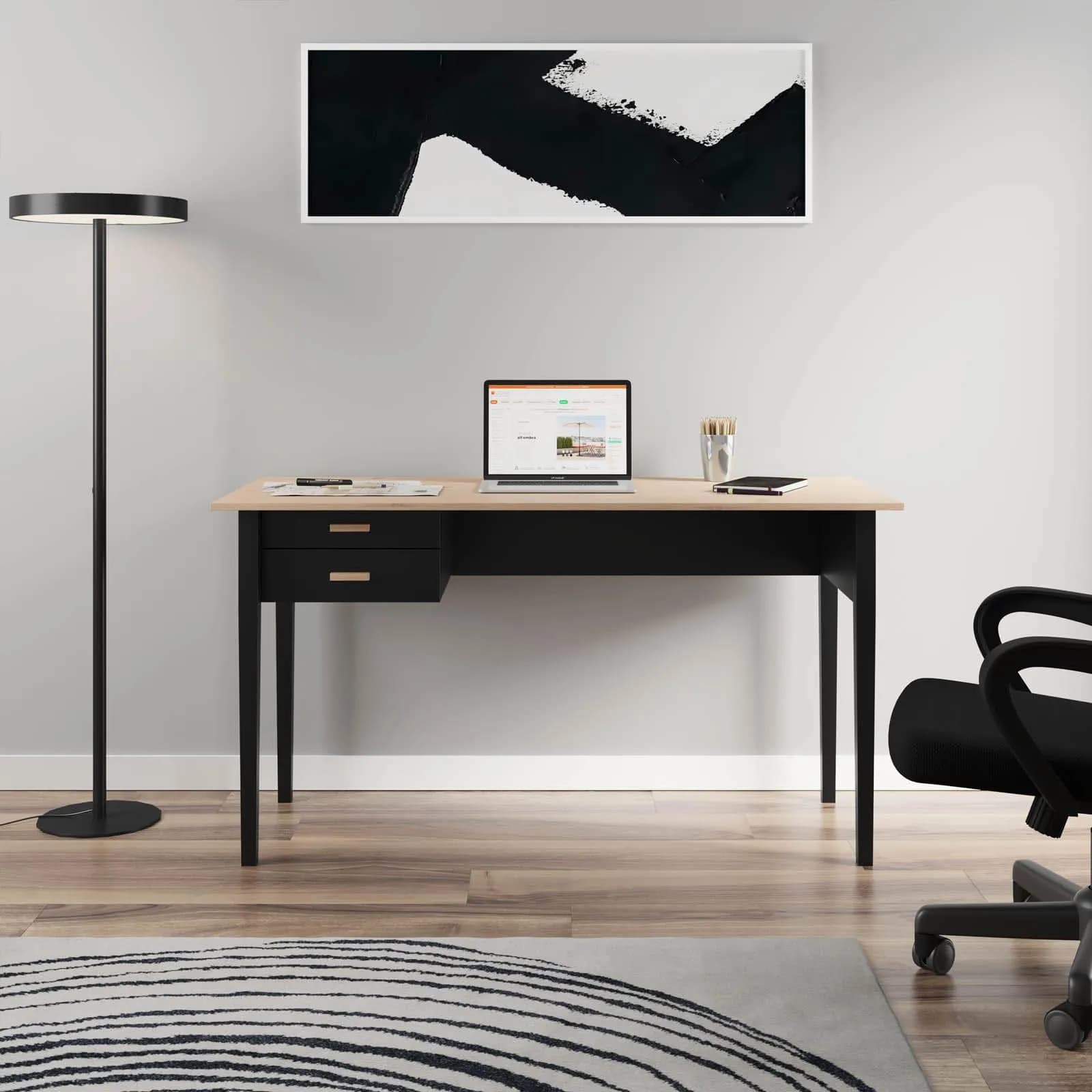 Scrivania 140x60 cm con top in rovere chiaro e gambe in legno nere con cassetti - Rusty