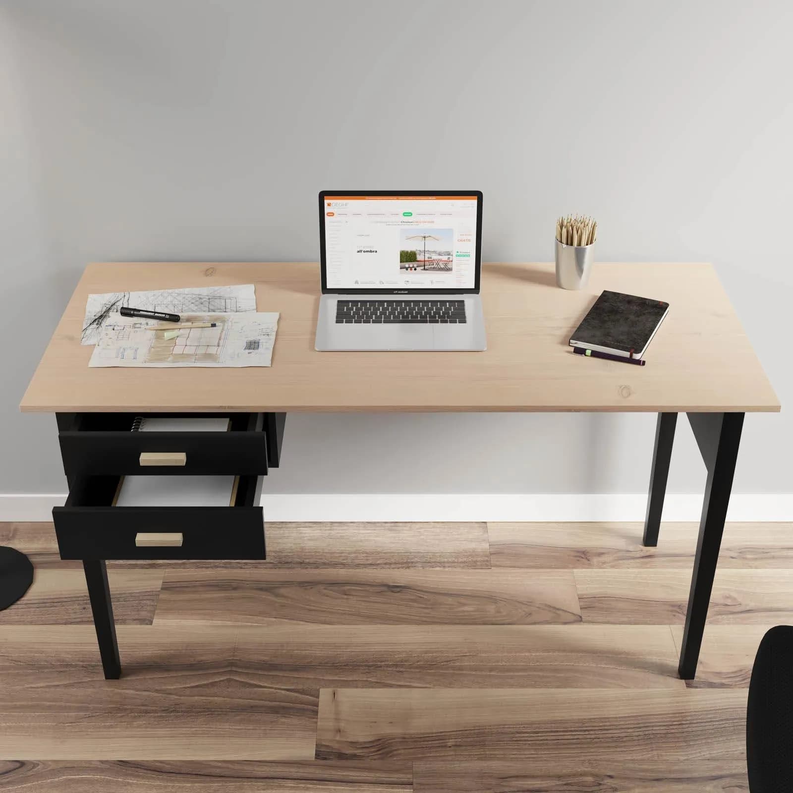 Scrivania 140x60 cm con top in rovere chiaro e gambe in legno nere con cassetti - Rusty