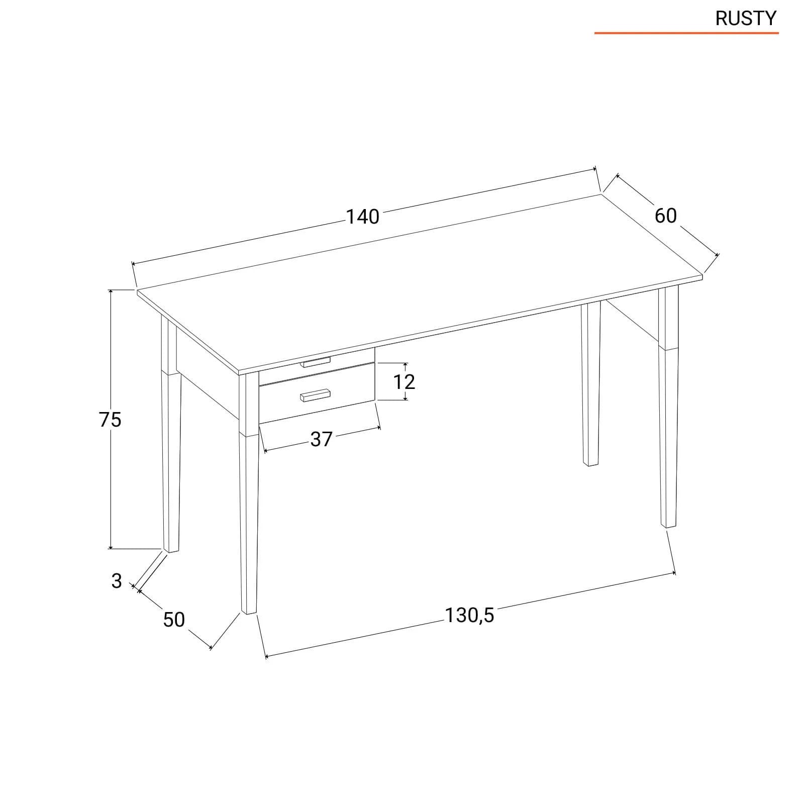 Scrivania 140x60 cm con top in rovere chiaro e gambe in legno nere con cassetti - Rusty