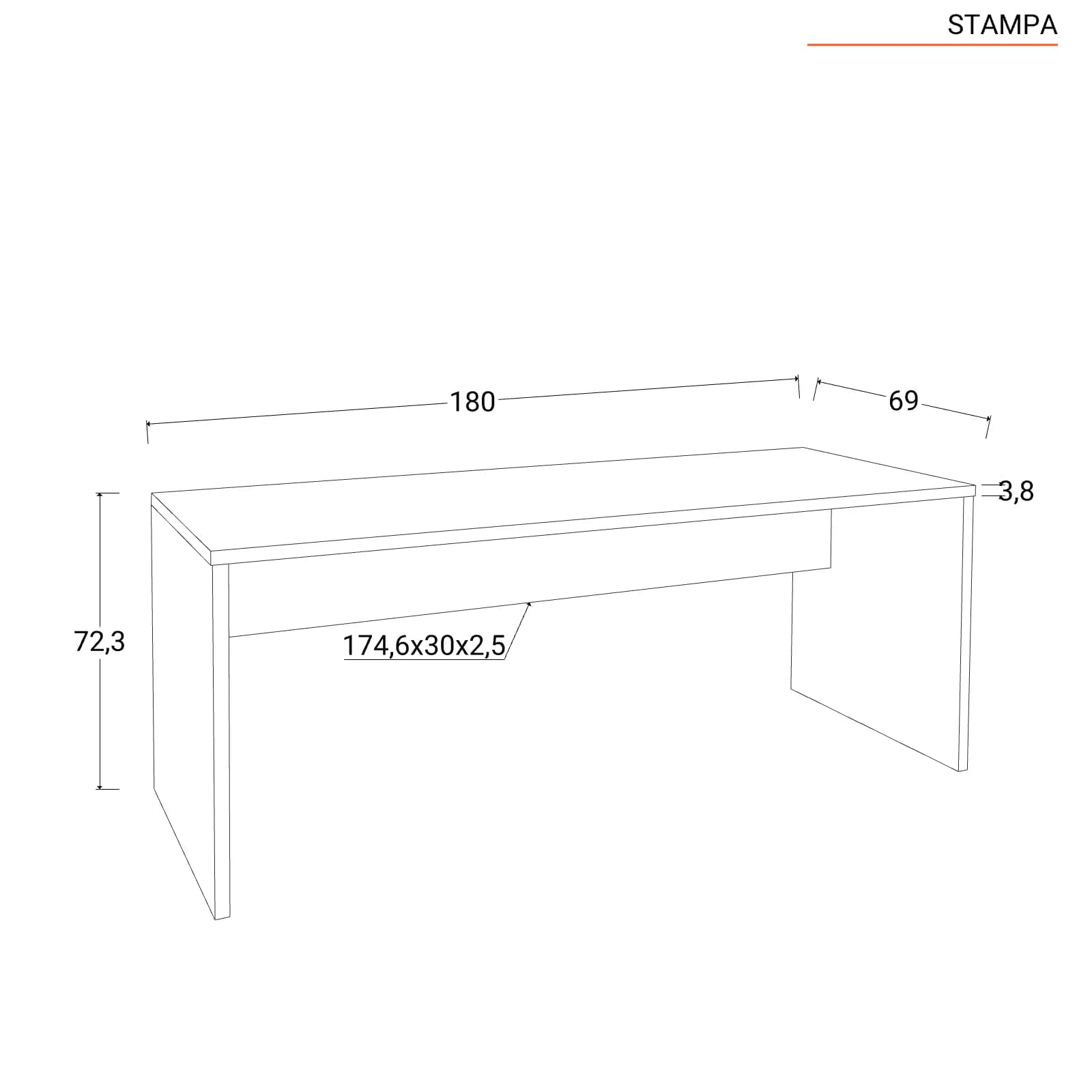 Scrivania 180x70 cm bianco lucido con spessore top da 38 mm - Odense