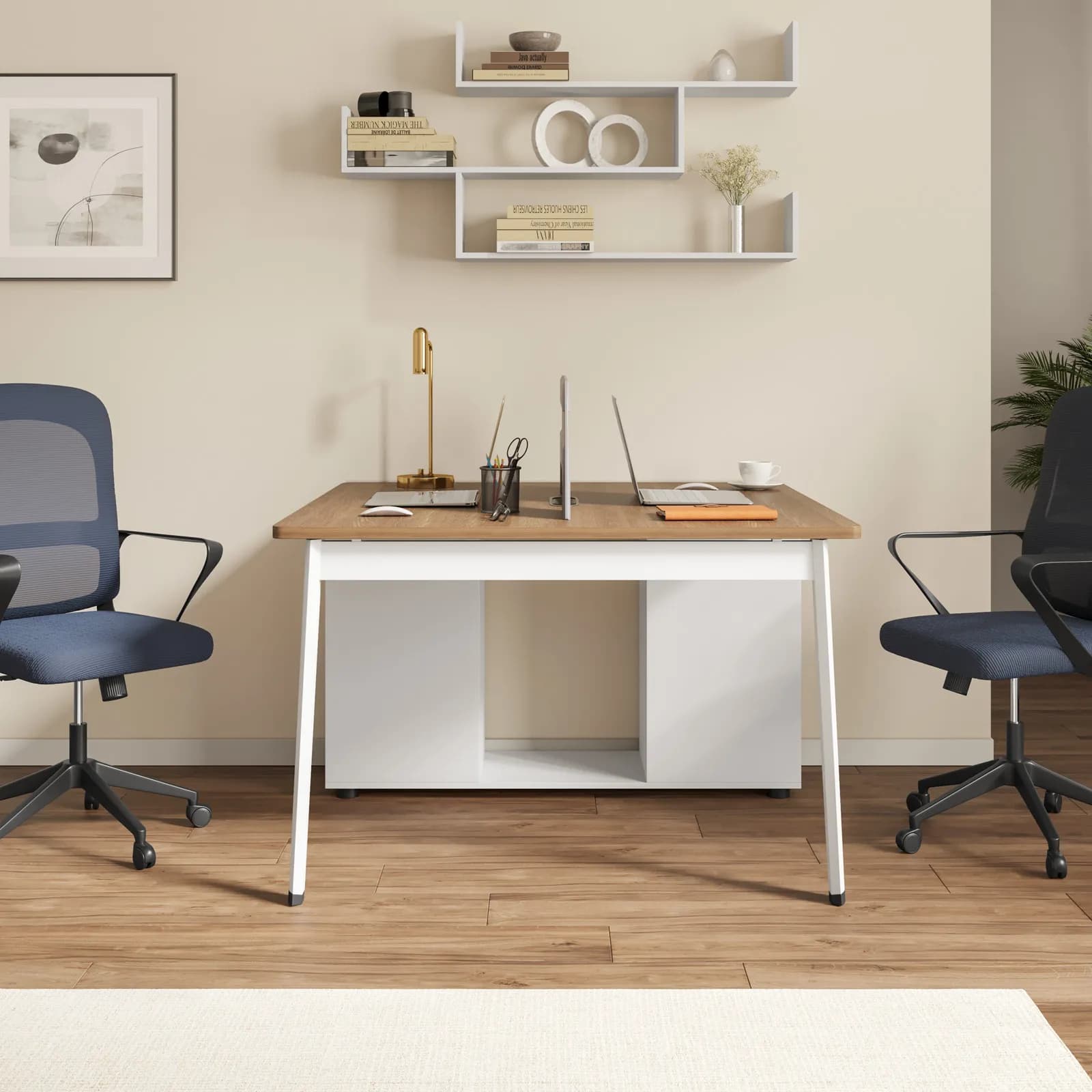 Scrivania doppia postazione 120x120 cm rovere miu e bianco wasco con pannello divisorio - Valdivia
