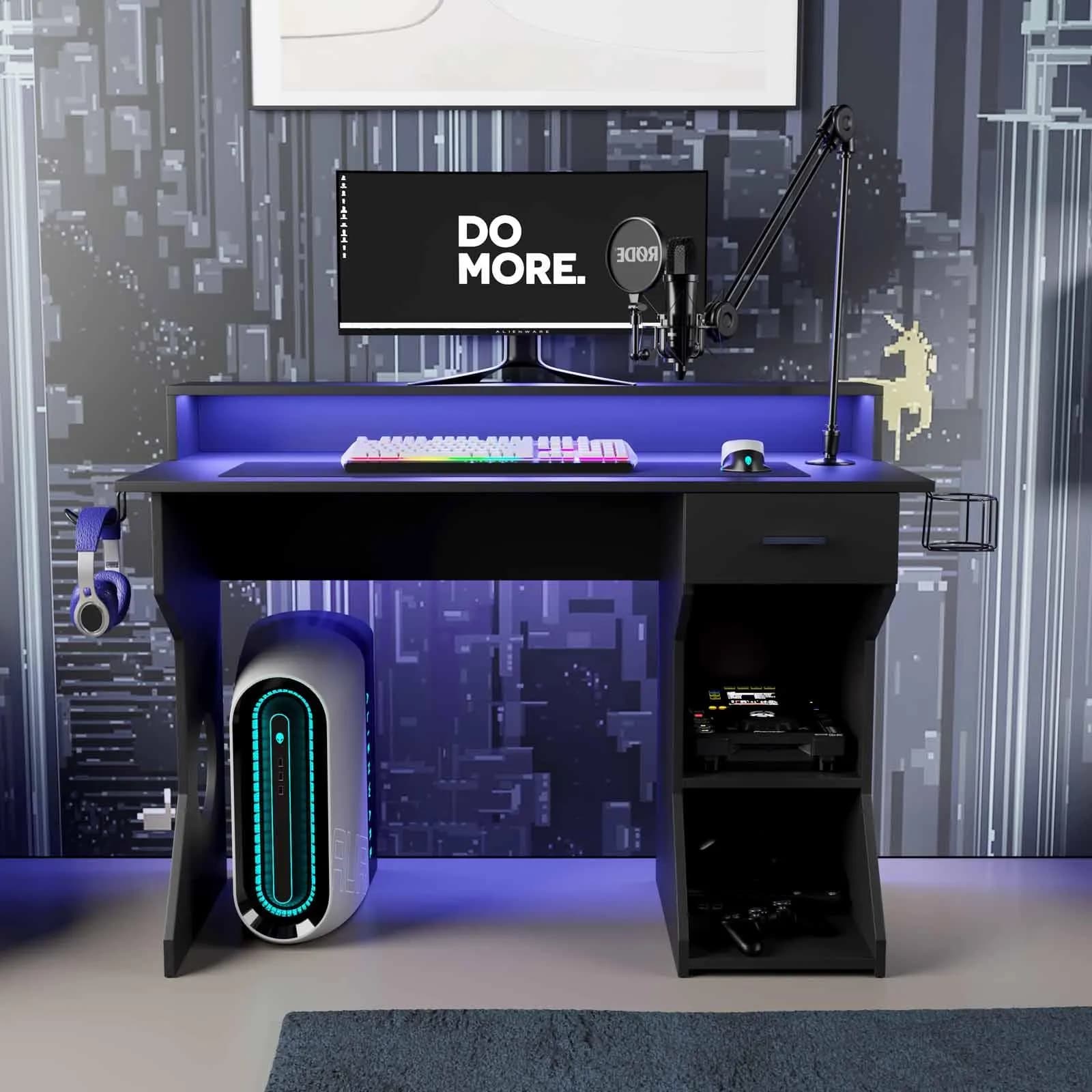 Scrivania da gaming 120x60 cm in legno nero con led blu sottomensola e supporti cuffie e borraccia - Stellare