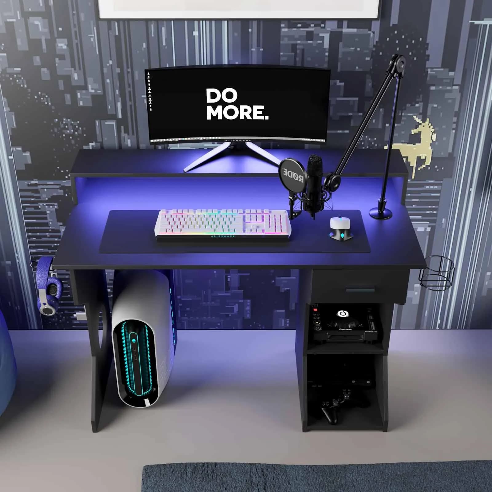 Scrivania da gaming 120x60 cm in legno nero con led blu sottomensola e supporti cuffie e borraccia - Stellare