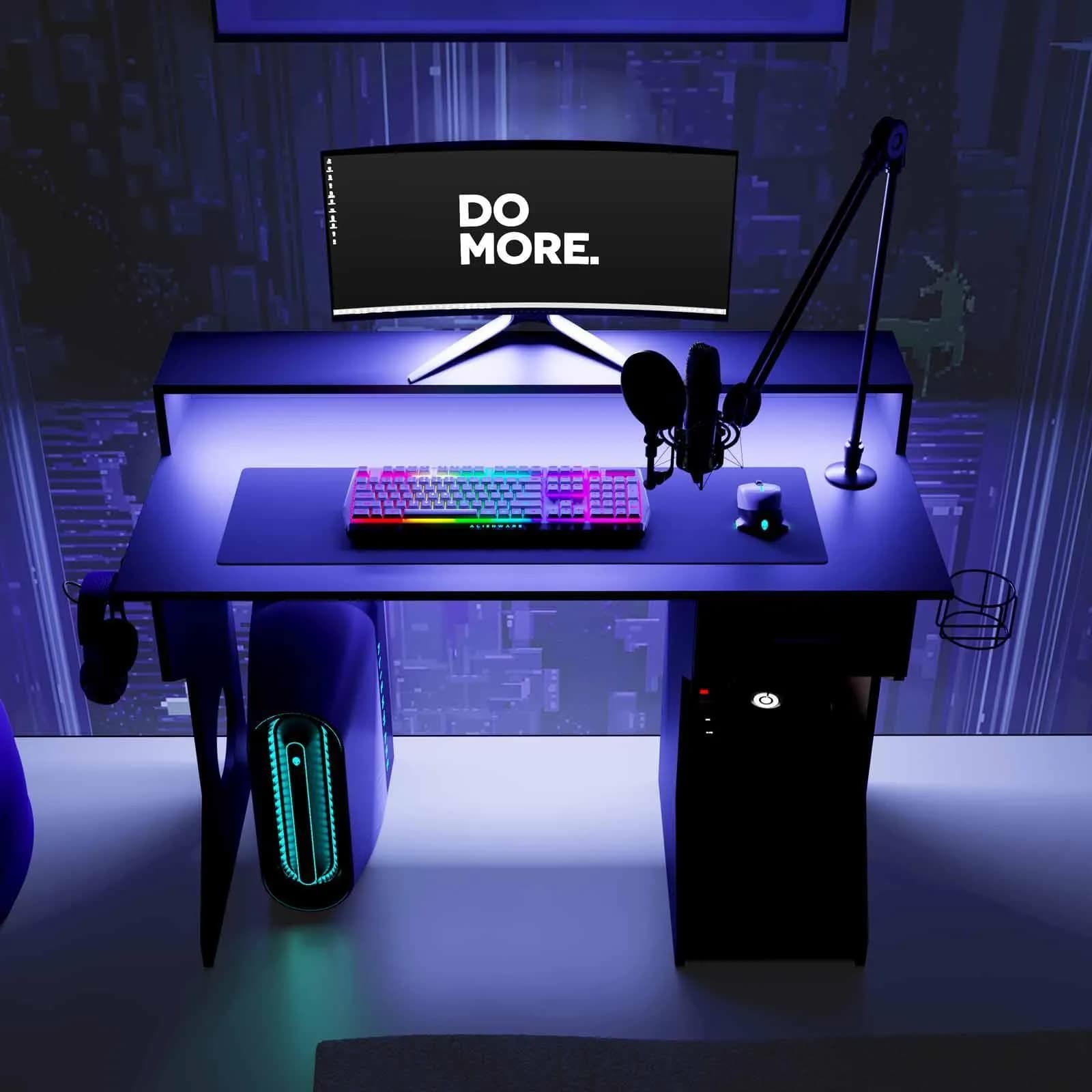 Scrivania da gaming 120x60 cm in legno nero con led blu sottomensola e supporti cuffie e borraccia - Stellare