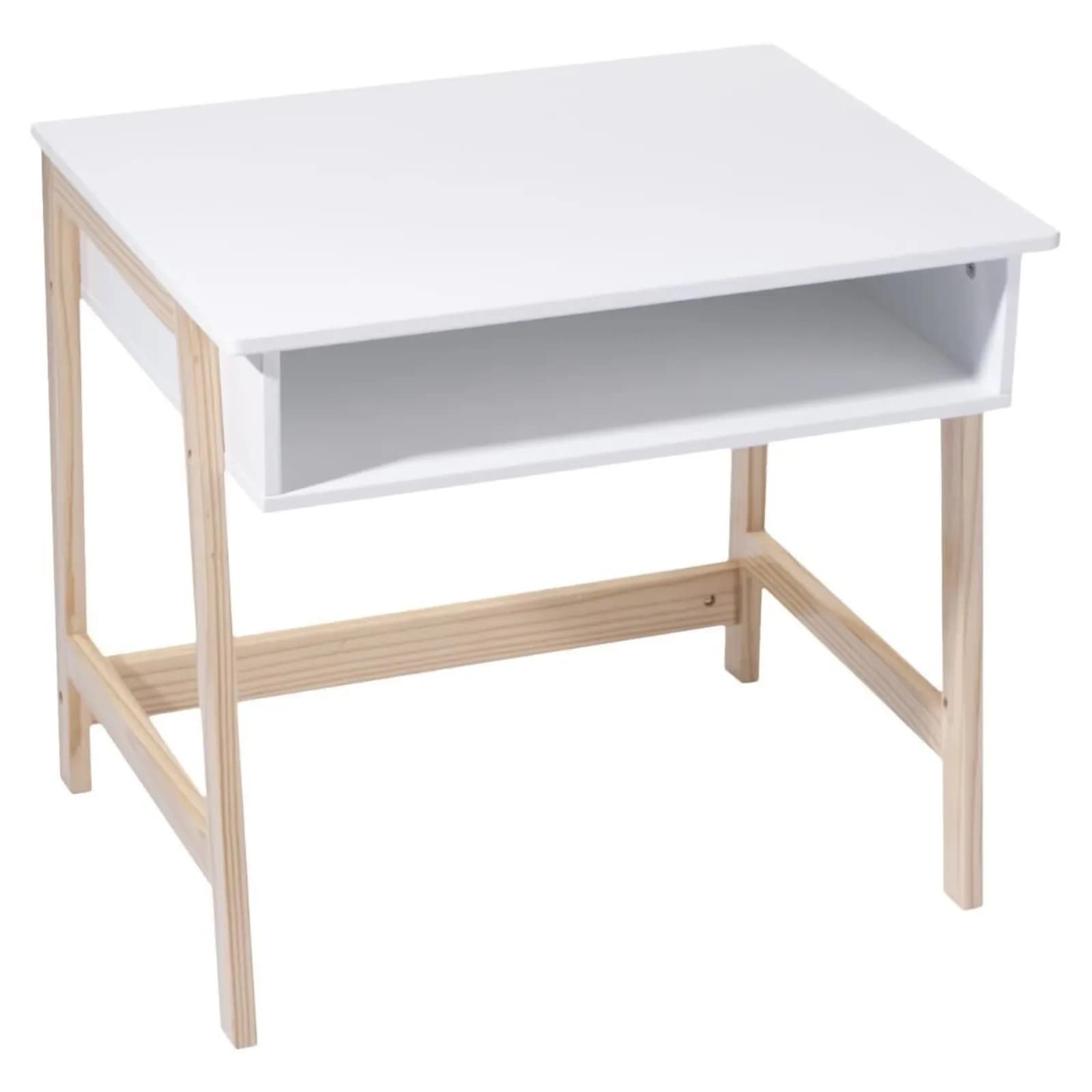 Scrivania per bambini 58x45 cm in legno bianco con gambe in legno naturale e vano portaoggetti - Aladin