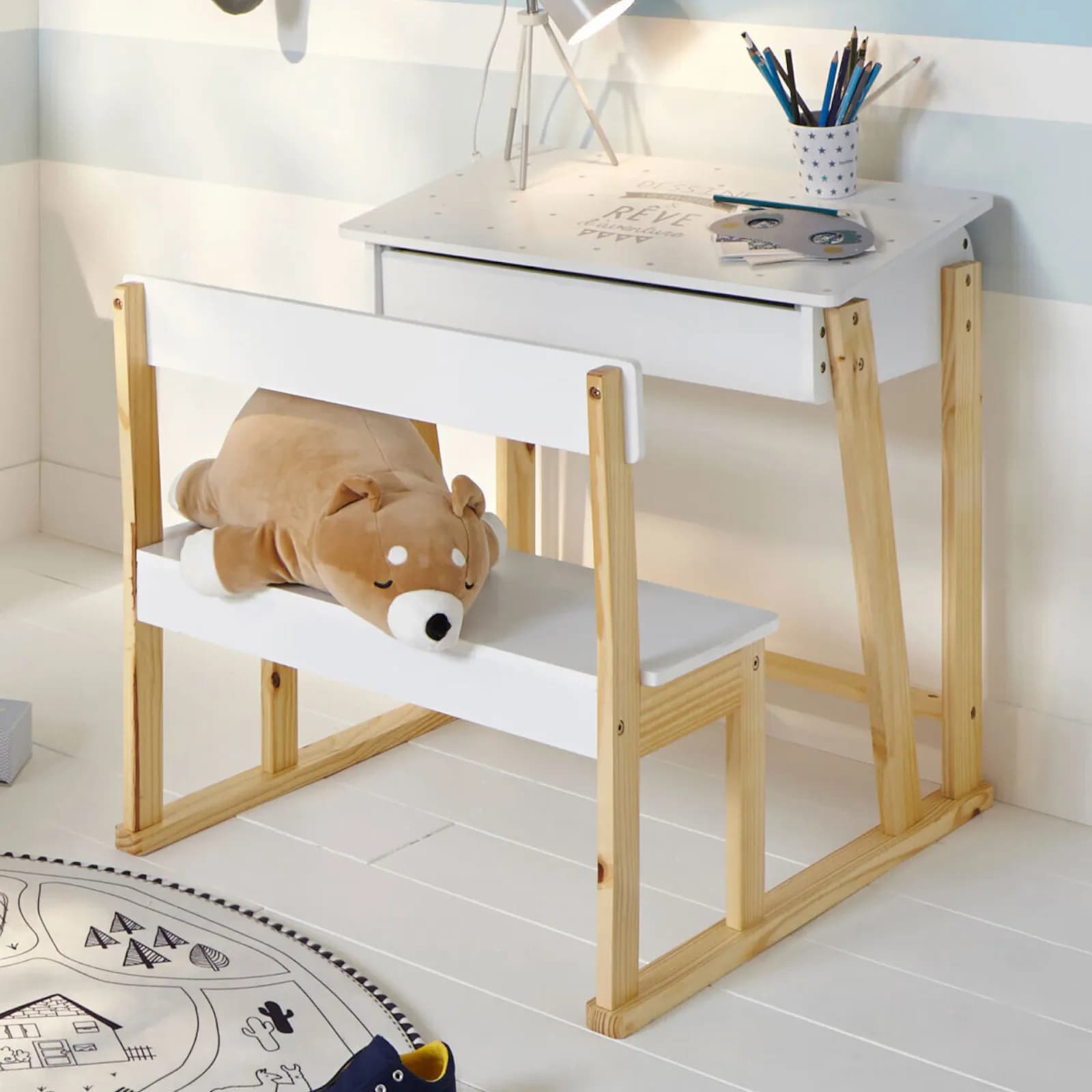 Scrivania con seduta integrata 64x79 cm in legno e bianco con contenitore sotto piano - Stardust
