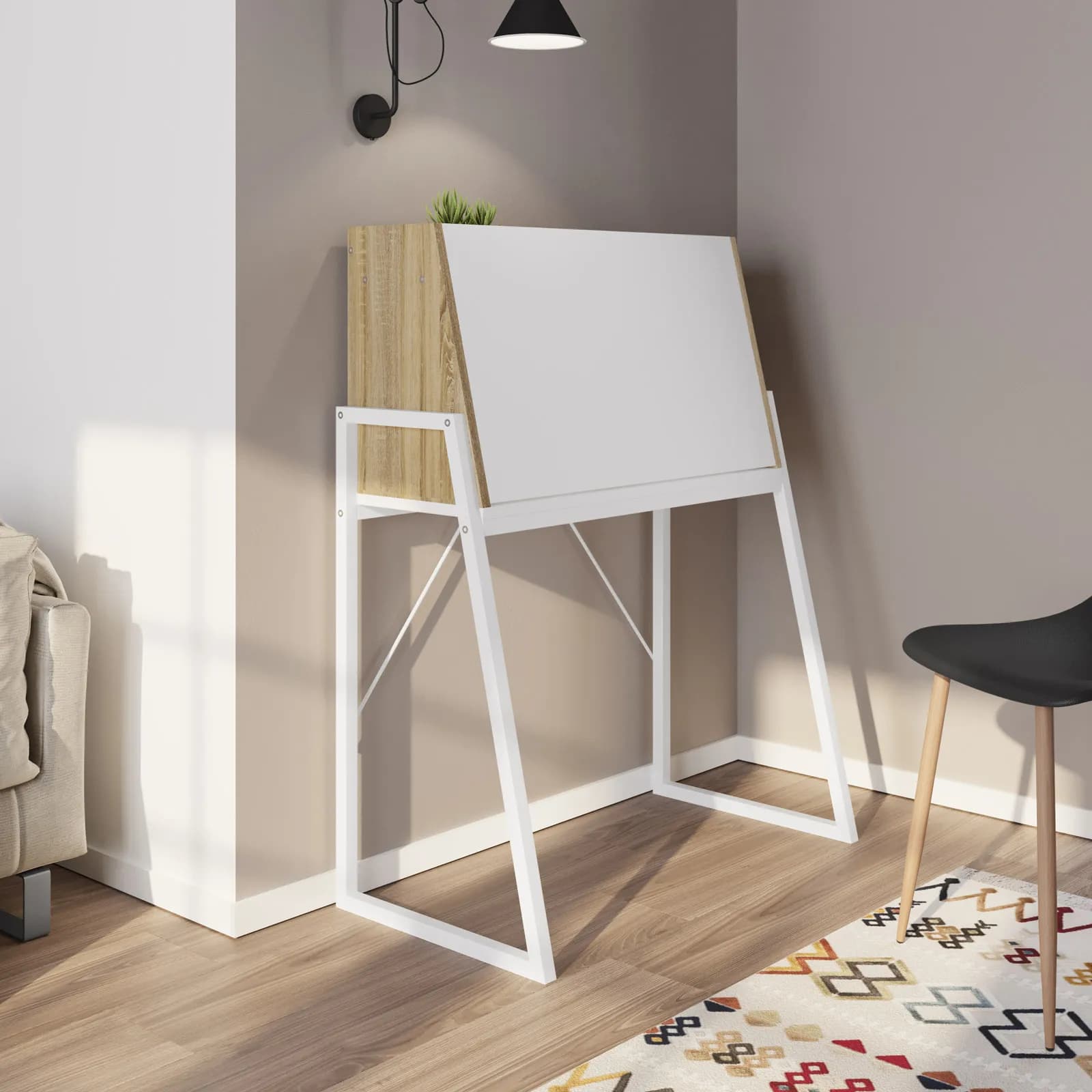 Scrivania salvaspazio 85x45 cm in legno rovere e bianco con piano richiudibile a ribalta e struttura in acciaio - Linus