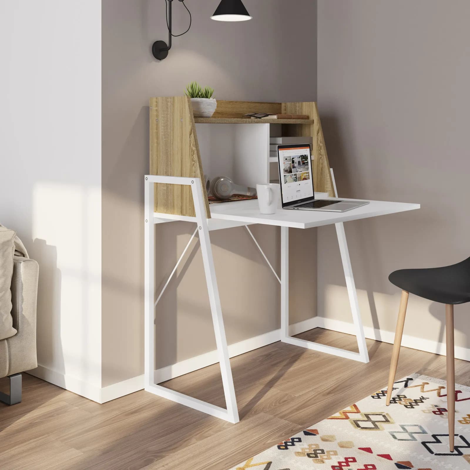 Scrivania salvaspazio 85x45 cm in legno rovere e bianco con piano richiudibile a ribalta e struttura in acciaio - Linus