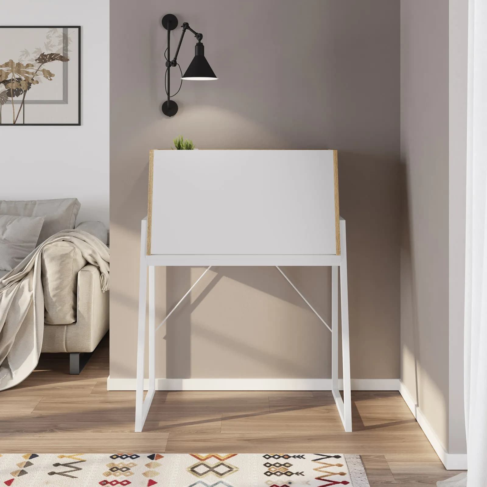 Scrivania salvaspazio 85x45 cm in legno rovere e bianco con piano richiudibile a ribalta e struttura in acciaio - Linus