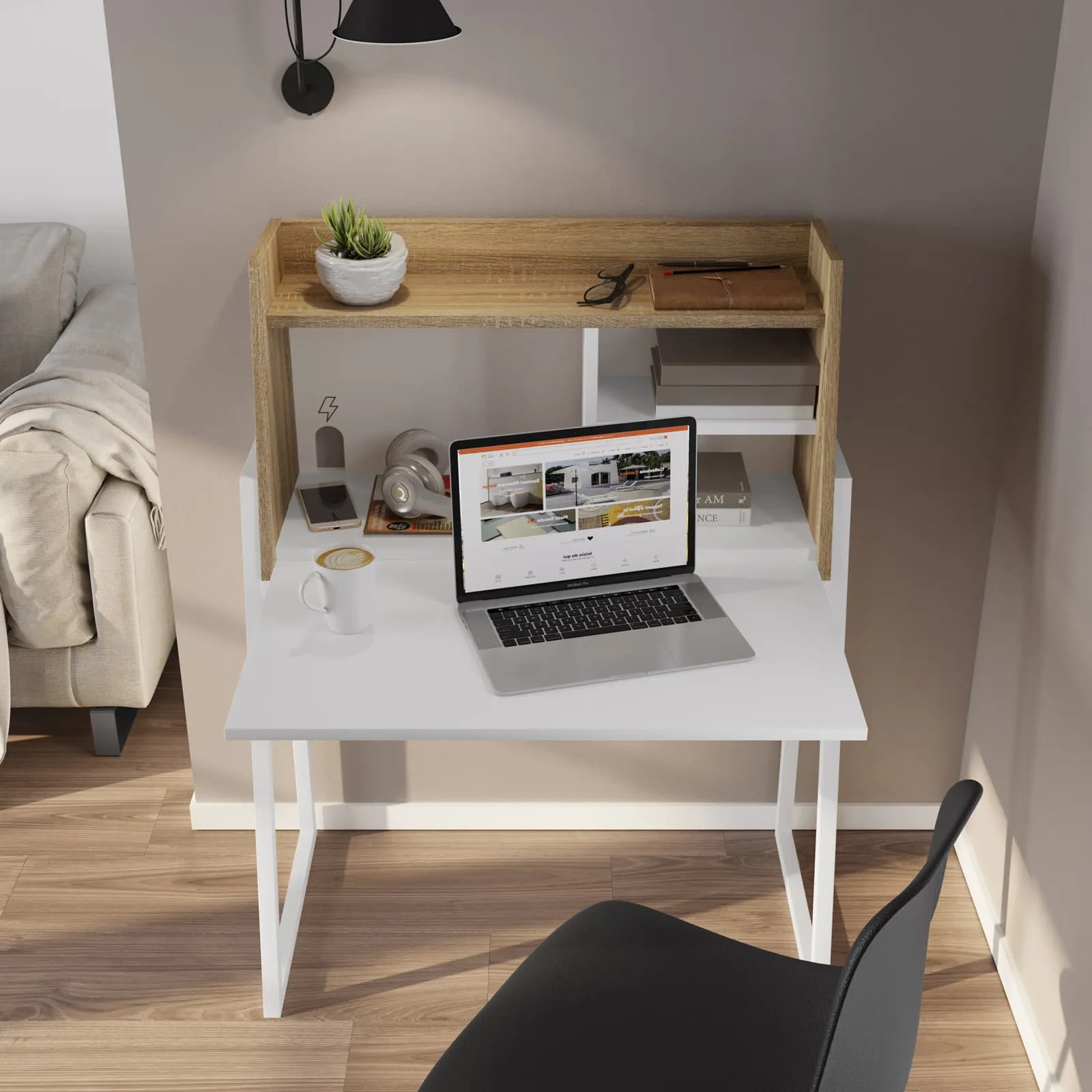 Scrivania salvaspazio 85x45 cm in legno rovere e bianco con piano richiudibile a ribalta e struttura in acciaio - Linus